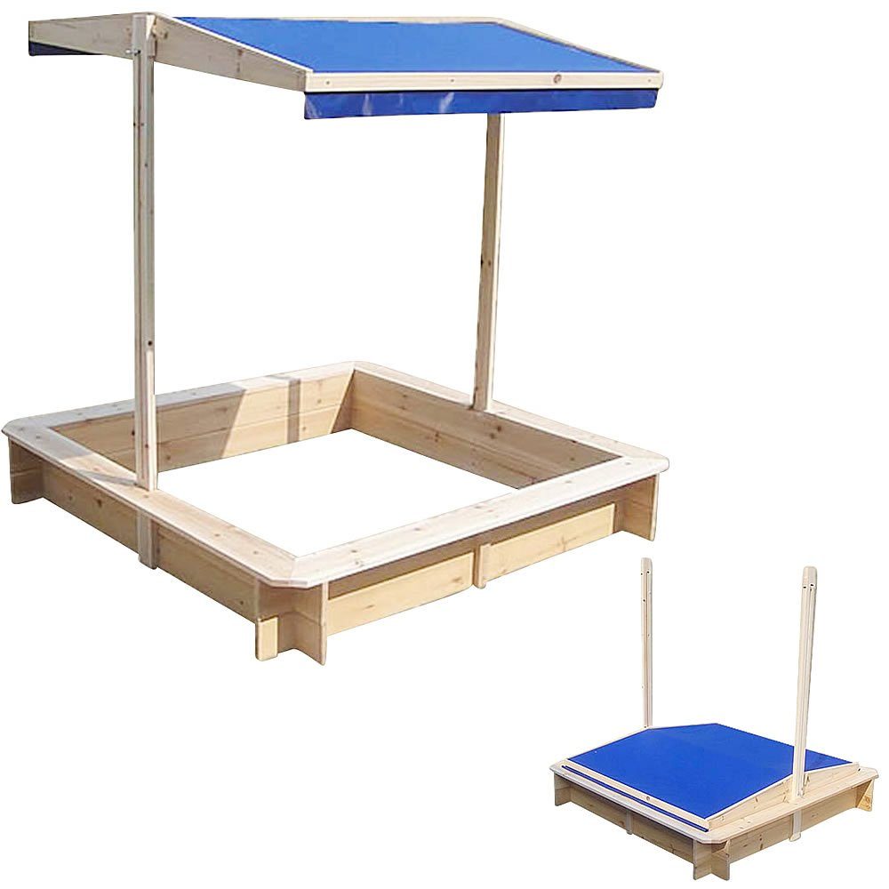 Melko Sandkasten Holzsandkasten Sandkiste 120x120 CM in Braun aus Holz mit verstellbaren Dach Blau Sandbox Sandkasten Spielhaus, (Stück), Mit verstellbarem Sonnendach