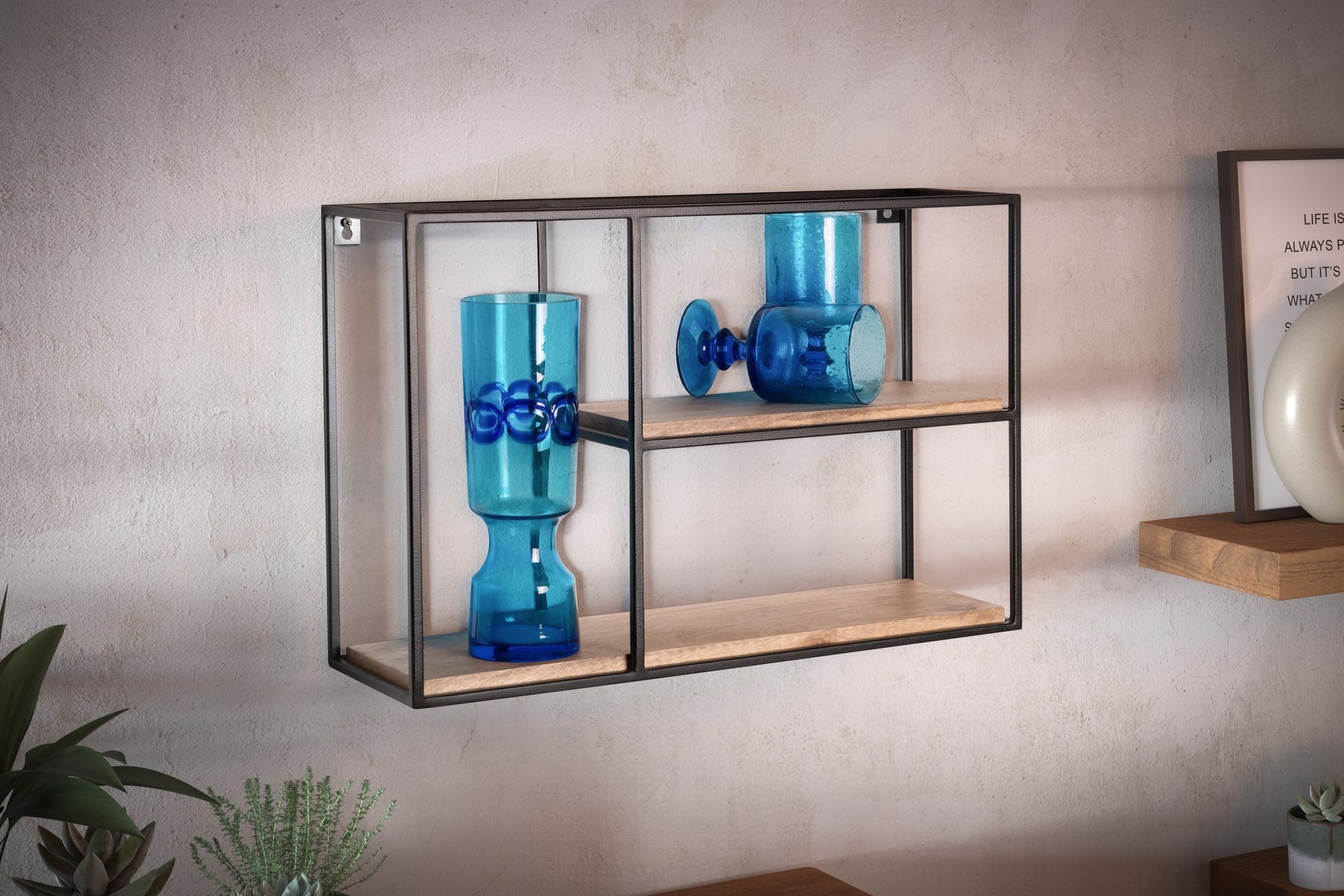 FINEBUY Wandregal FB92217 Hängeregal Holz Metall 60x40x18 cm Regal Rechteckig Massiv, Schweberegal Rechteckig, Regal Hängend Industrial, 60x40x18 cm Mango Massivholz / Metall Hängeregal