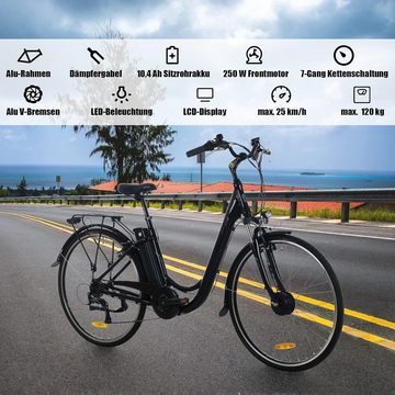 Docrooup E-Bike ProTour E-Bike für Damen und Herren, 28", 700C, 7-Gang Shimano, 25km/h, shimano Shimano RD-M3020 Schaltwerk, 250W Frontmotor, (City Elektrofahrrad, mit 36V 10.4Ah Akku, Bis zu 80km, für 170–185 cm), Gepäckträger, Scheinwerfer, Rücklicht, Reflektor, Klingel