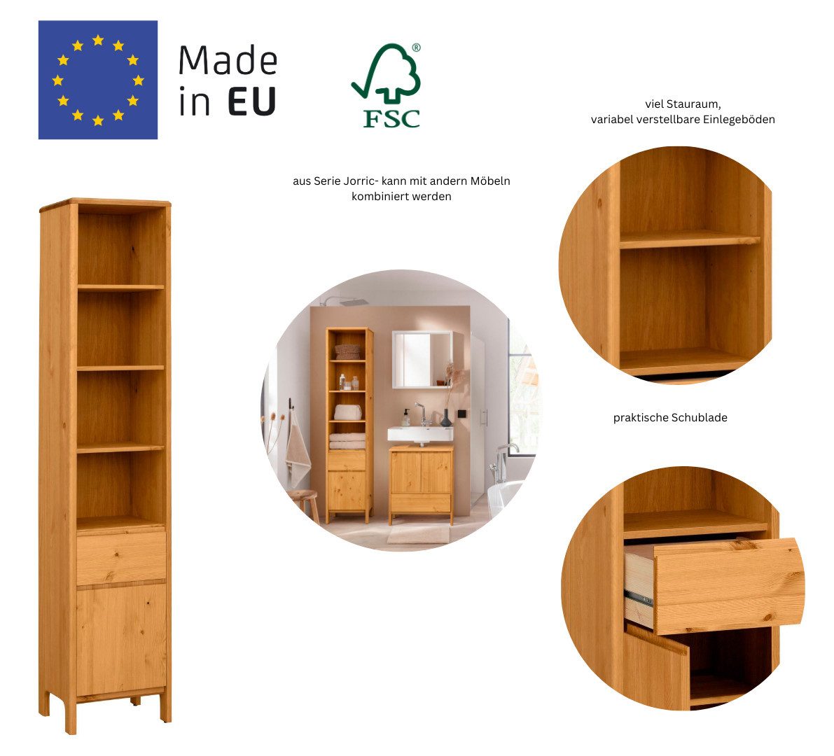 OTTO products Hochschrank Jorrick Breite 40 cm, Massivholz Kiefer mit Bio Öl/Wachs behandelt