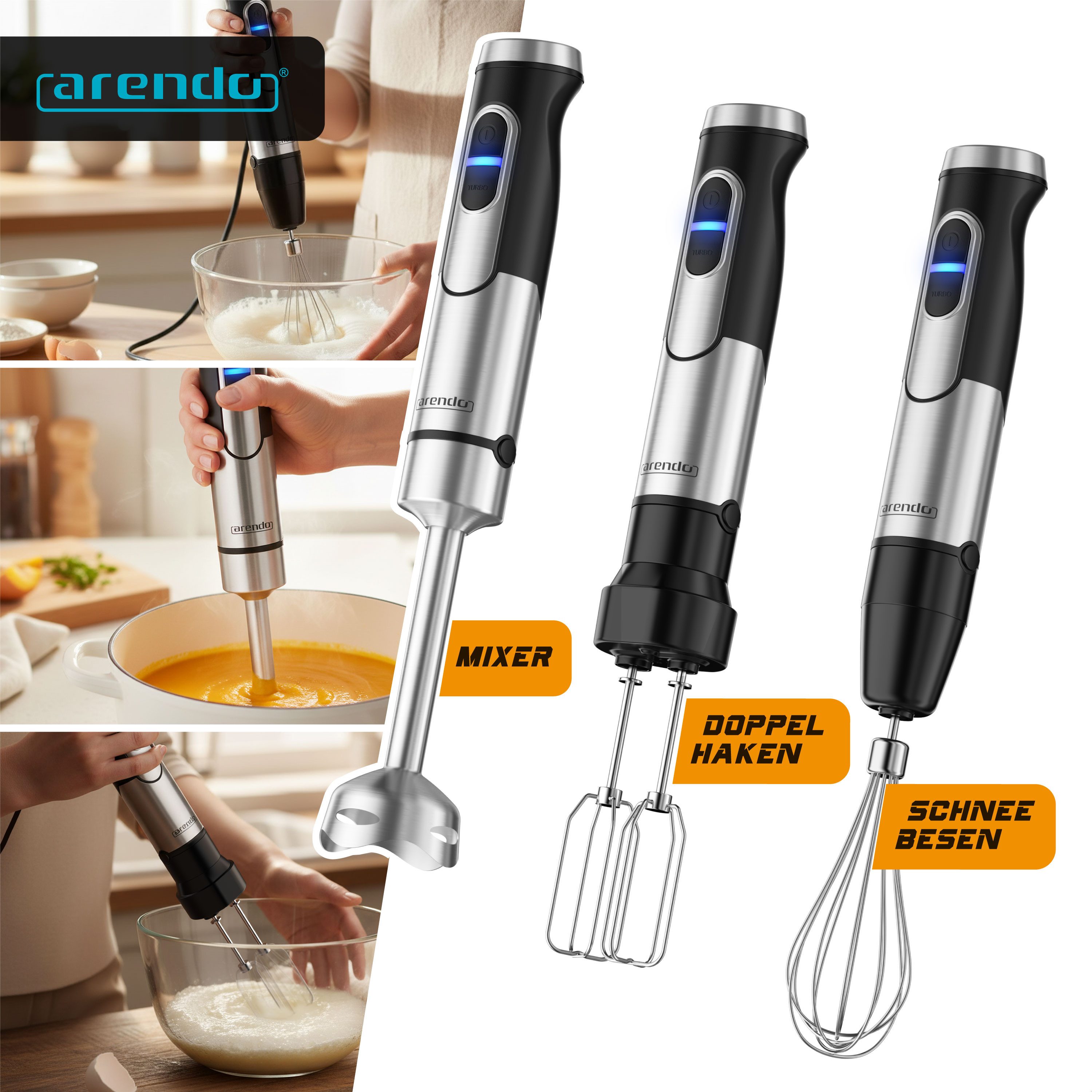 Arendo Stabmixer Edelstahl Pürierstab, Handmixer, Doppelquirl, Schneebesen & Mixbecher, 1500 W, DC-Motor, Turbotaste, Abnehmbarer Mixfuß, 12 Geschwidnigkeitsstu – Bild 5 von 5