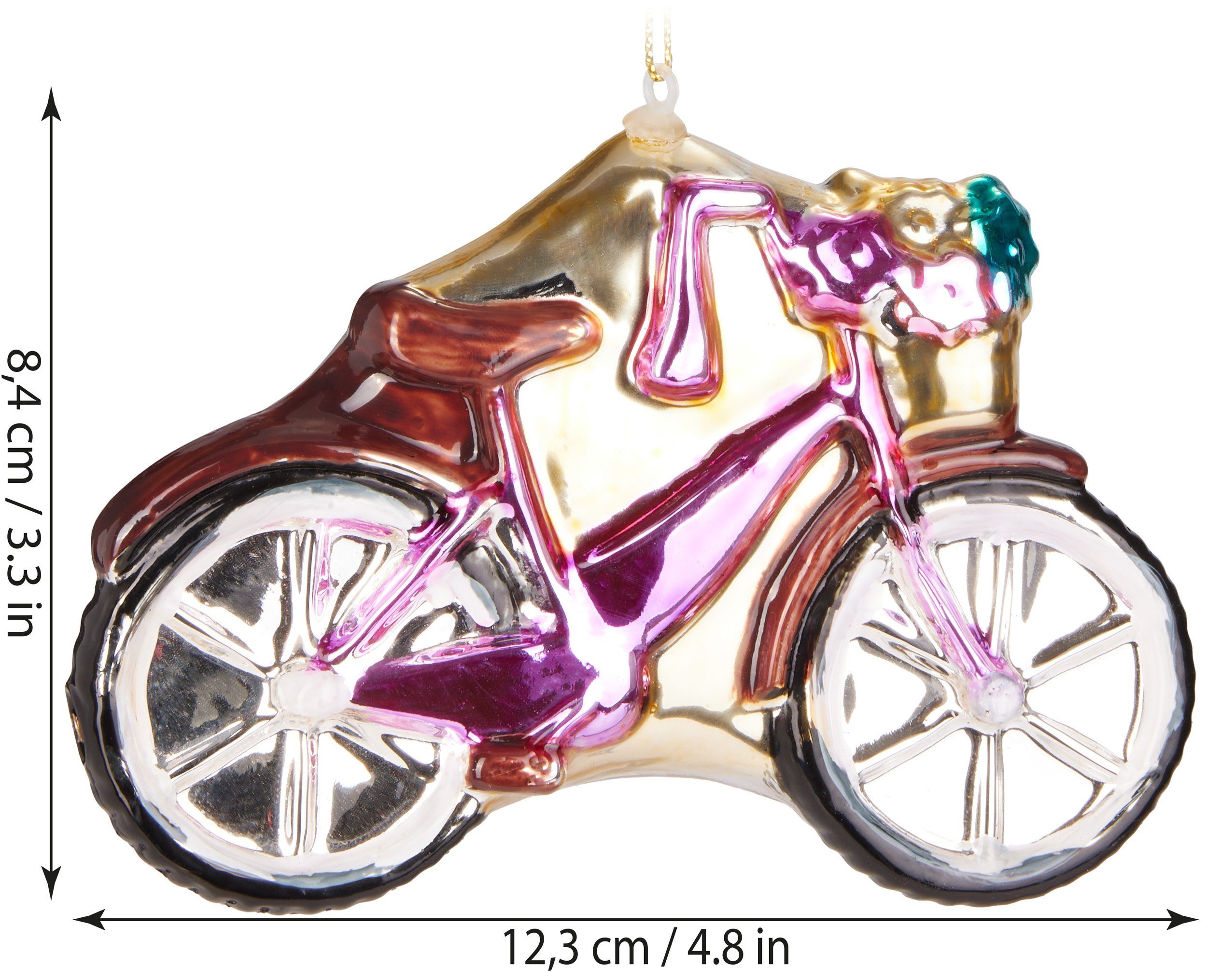 BRUBAKER Christbaumschmuck Fahrrad aus Glas Baumkugel Christbaumschmuck Lustige - Rosa - cm Lustig Glitzer - Handbemalte Pink Anhänger Weihnachtskugel Mundgeblasener mit (1-tlg), Figuren 12,3 Deko