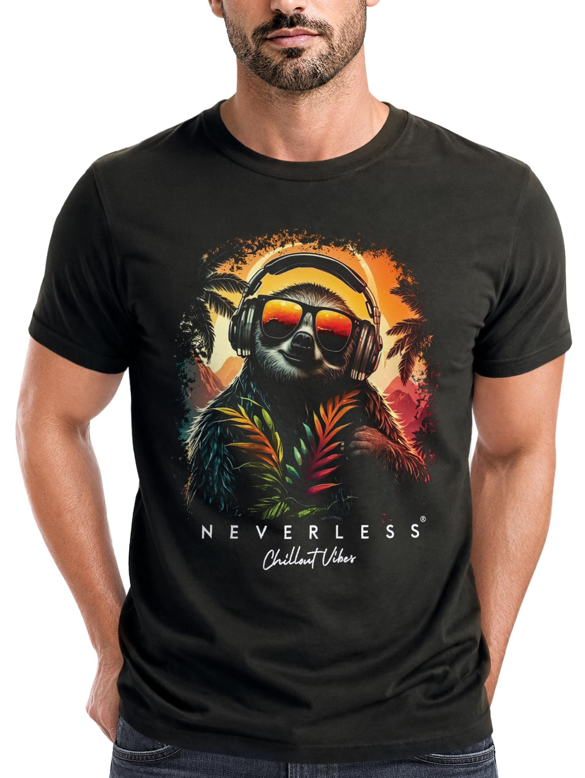 Neverless Print-Shirt Herren T-Shirt Musik DJ Chill Faultier Print Aufdruck Relax Sommer mit Print