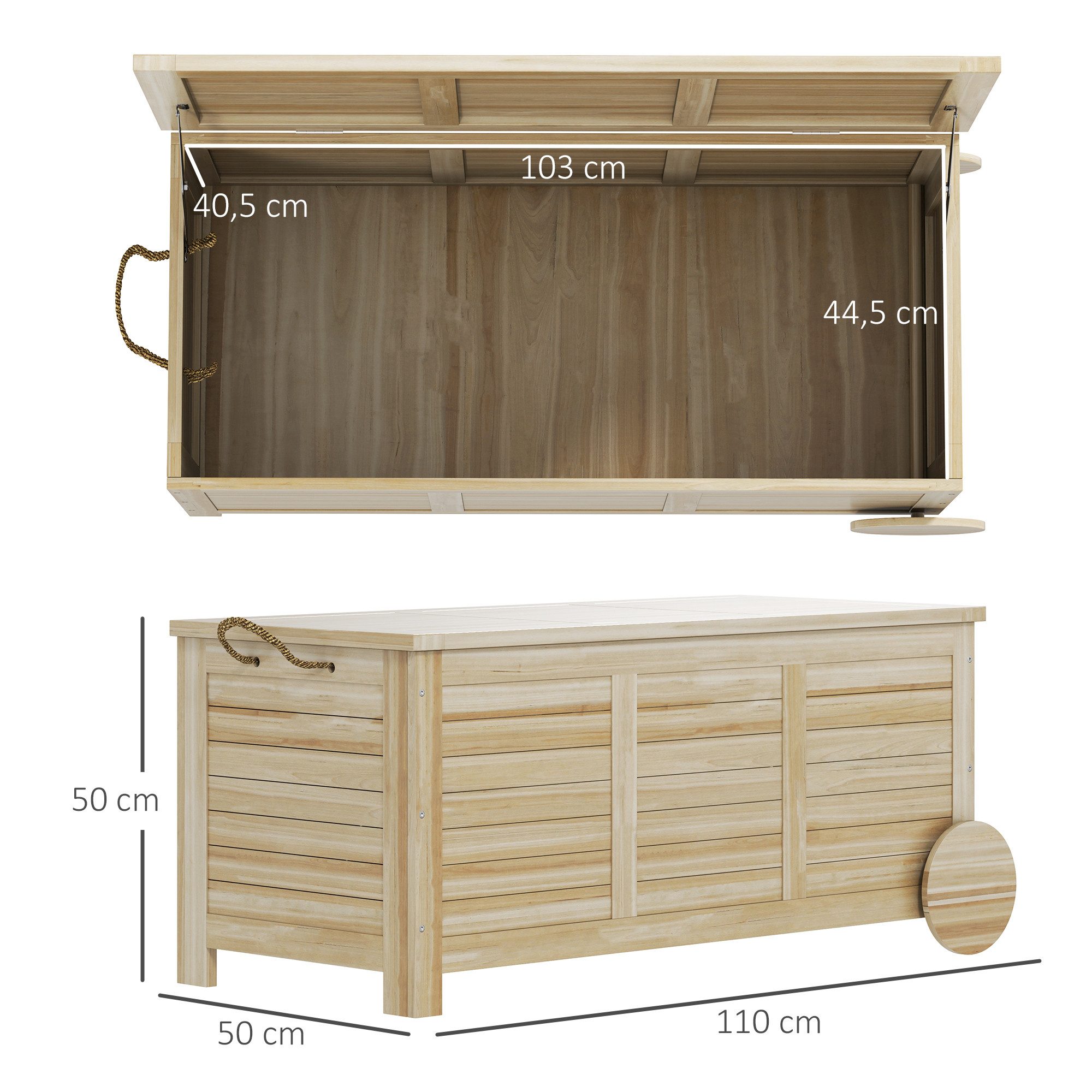 Outsunny Gartenbox mit Rollen, wetterfest, UV-beständig (wasserdicht Kissenbox, 1 St., 185 L Auflagenbox), aus Holz, für Outdoor, Garten, Balkon, Naturholz