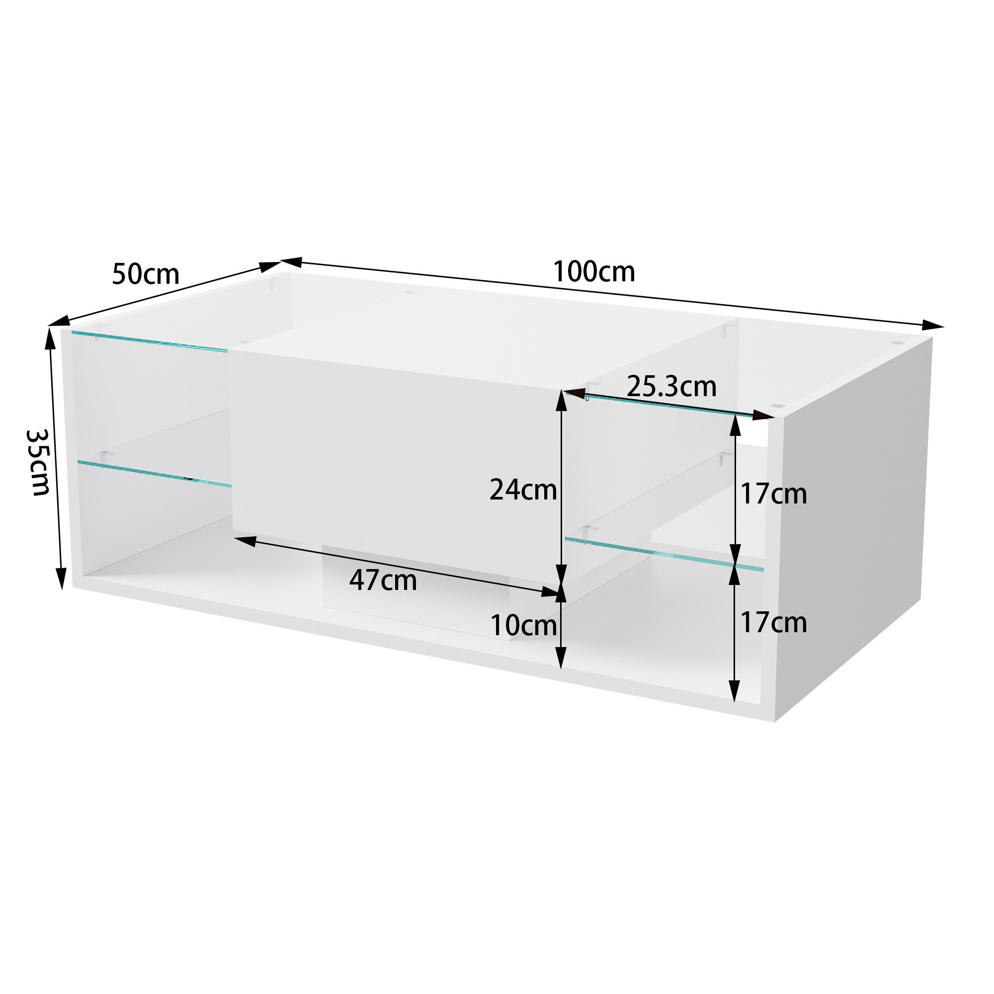 Furnishings Home Couchtisch Wohnzimmertisch Ablagetisch LED Beistelltisch (Hochglänzender quadratischer, mit LED Beleuchtung & Fernsteuerung), Mit Vier Fächer stauraum und 16-farbigen variablen LED-Beleuchtung