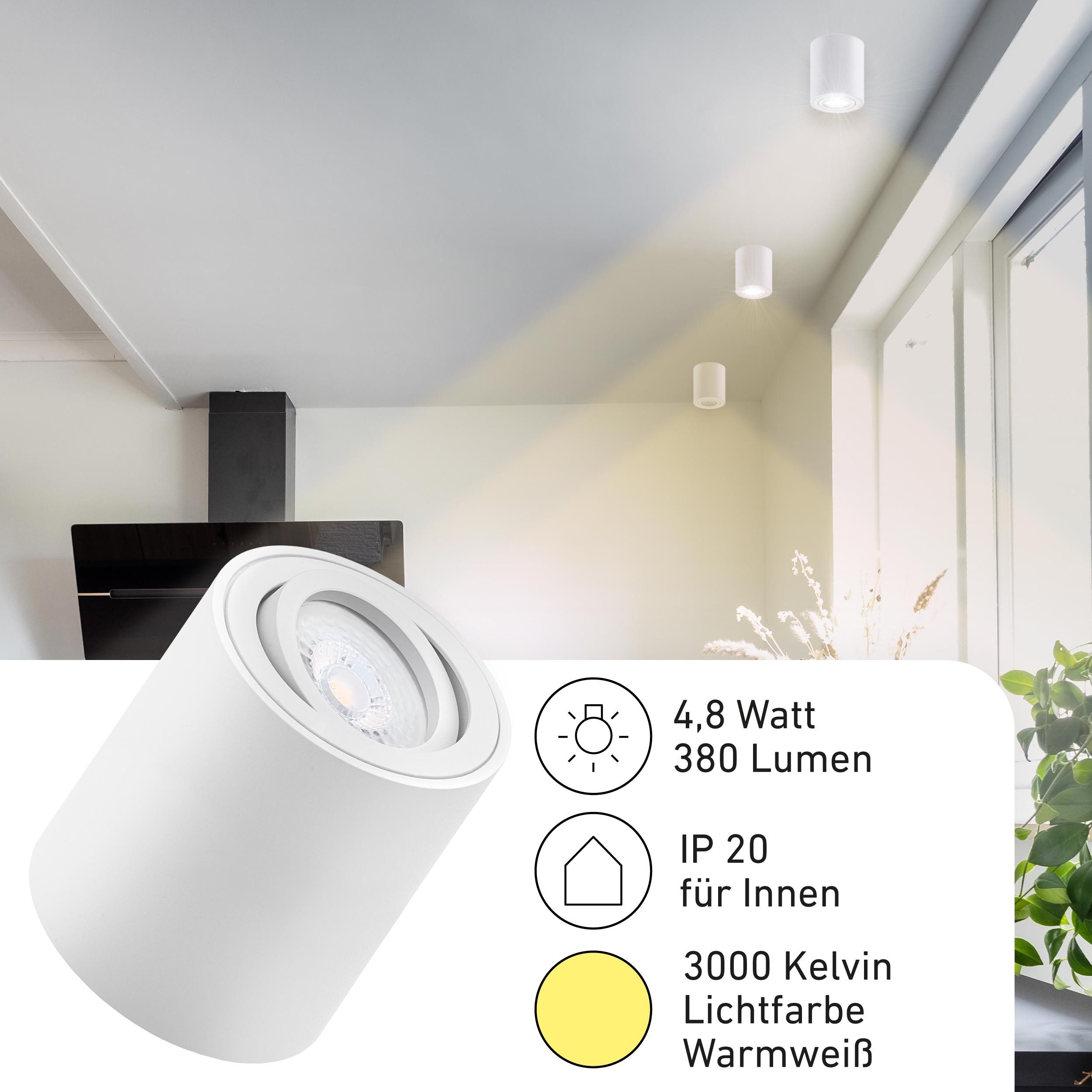 Oktaplex lighting LED Deckenstrahler Lile M Aluminium Aufbaustrahler weiß, schwenkbar, Leuchtmittel wechselbar, warmweiß, 3000 Kelvin 230V Höhe 80mm weiß
