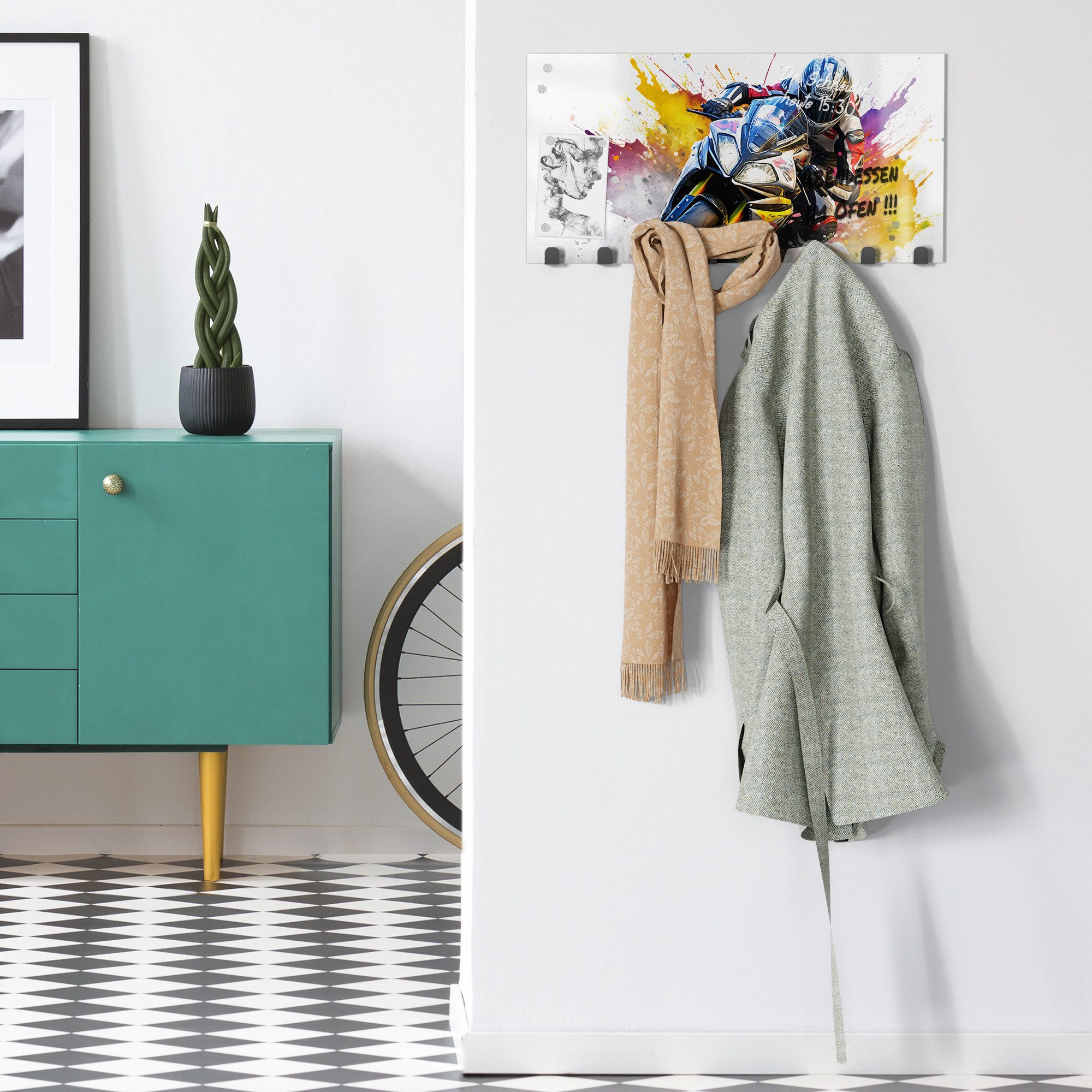 DEQOART Kleiderhaken 'Rasender Impuls', Glas Garderobe Paneel magnetisch beschreibbar