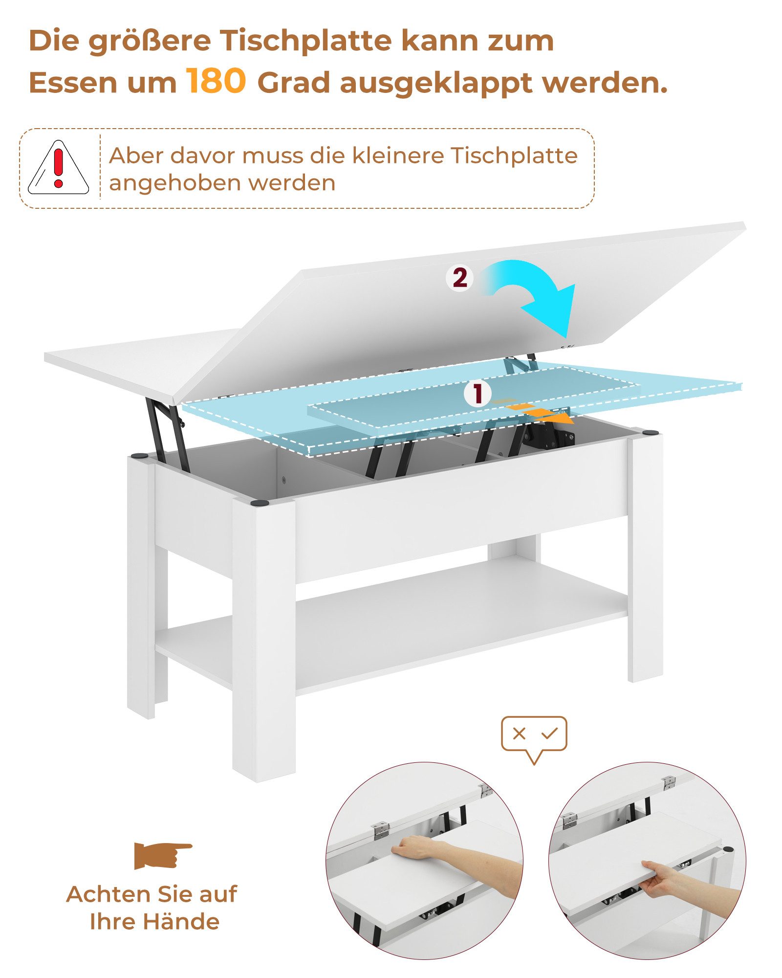 MSMASK Couchtisch Höhenverstellbarer Kaffeetisch mit Verstecktem Stauraum, und Ablage für Wohnzimmer, Weiß – Bild 5 von 5