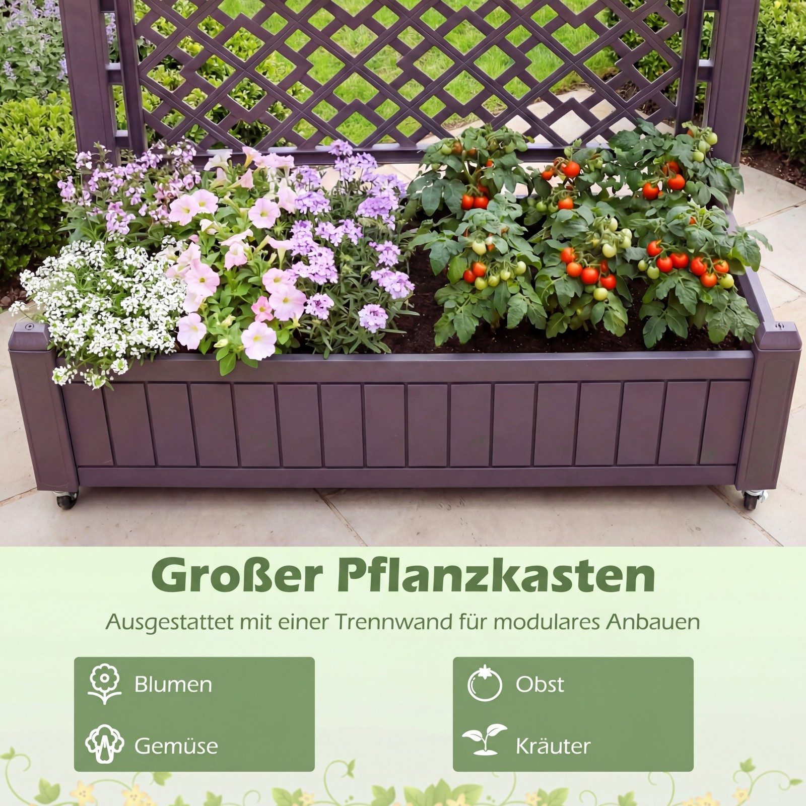 COSTWAY Blumenkasten (1 St), Pflanzkasten, Hochbeet mit Rankgitter & Rollen
