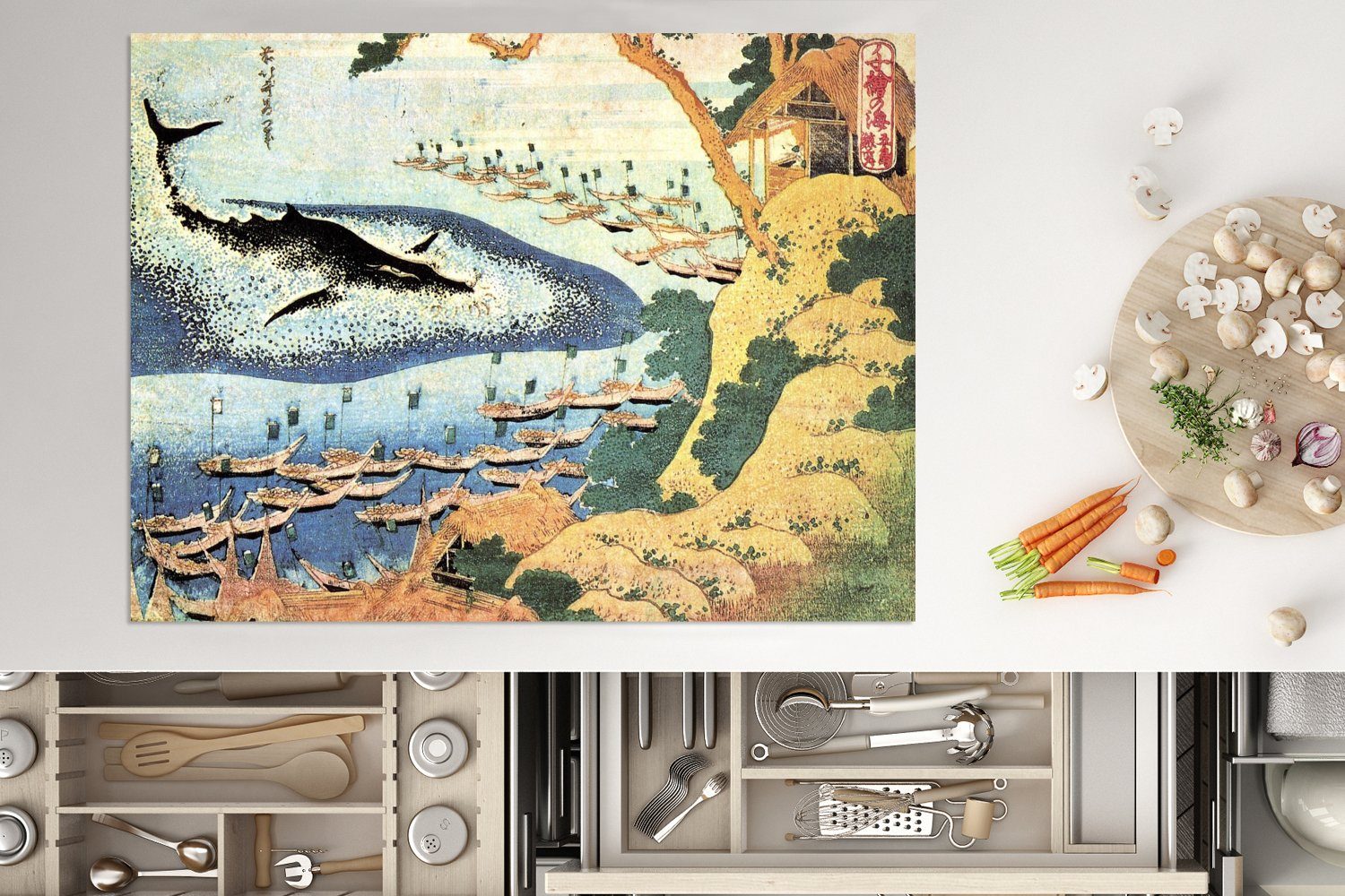 MuchoWow Herdblende-/Abdeckplatte nutzbar, bei tlg), Ceranfeldabdeckung Gemälde Mobile cm, Goto (1 70x52 Hokusai, Katsushika Wal Ein von Arbeitsfläche Vinyl, 