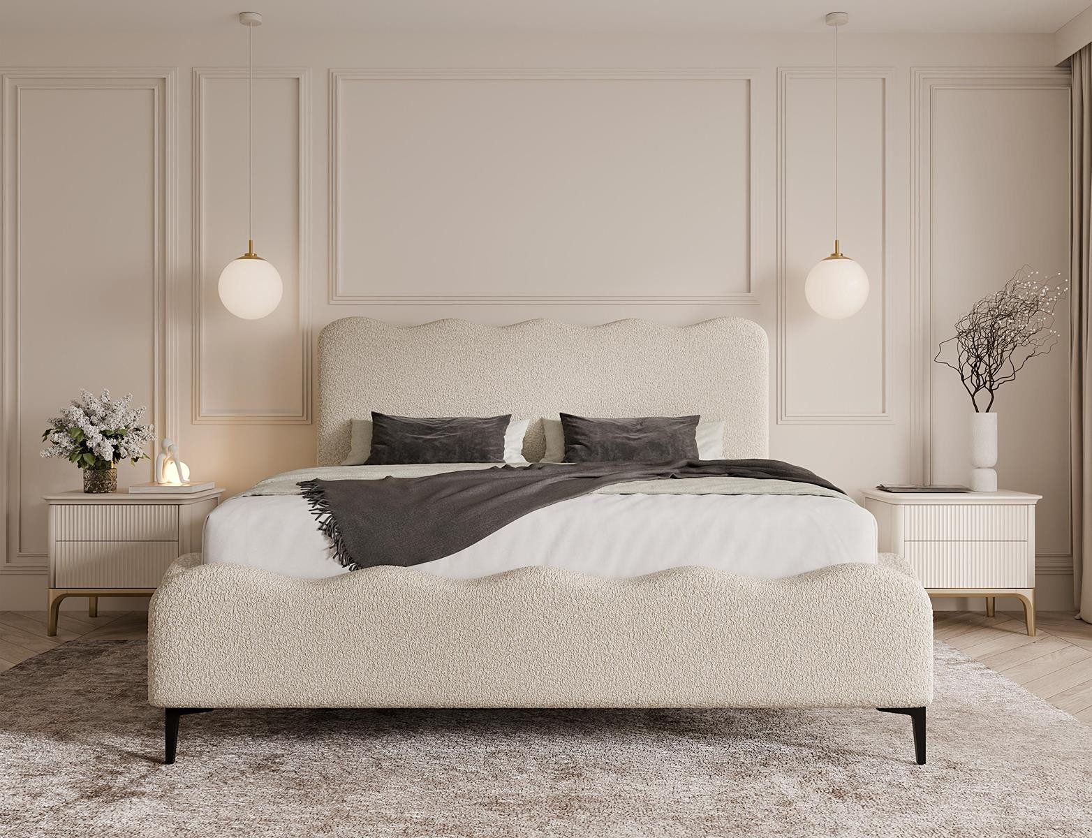 Compleo Polsterbett mit hohen Füßen, Designerbett, Bouclé-Stoff, Luxus Schlafzimmer, gepolstertes Doppelbett