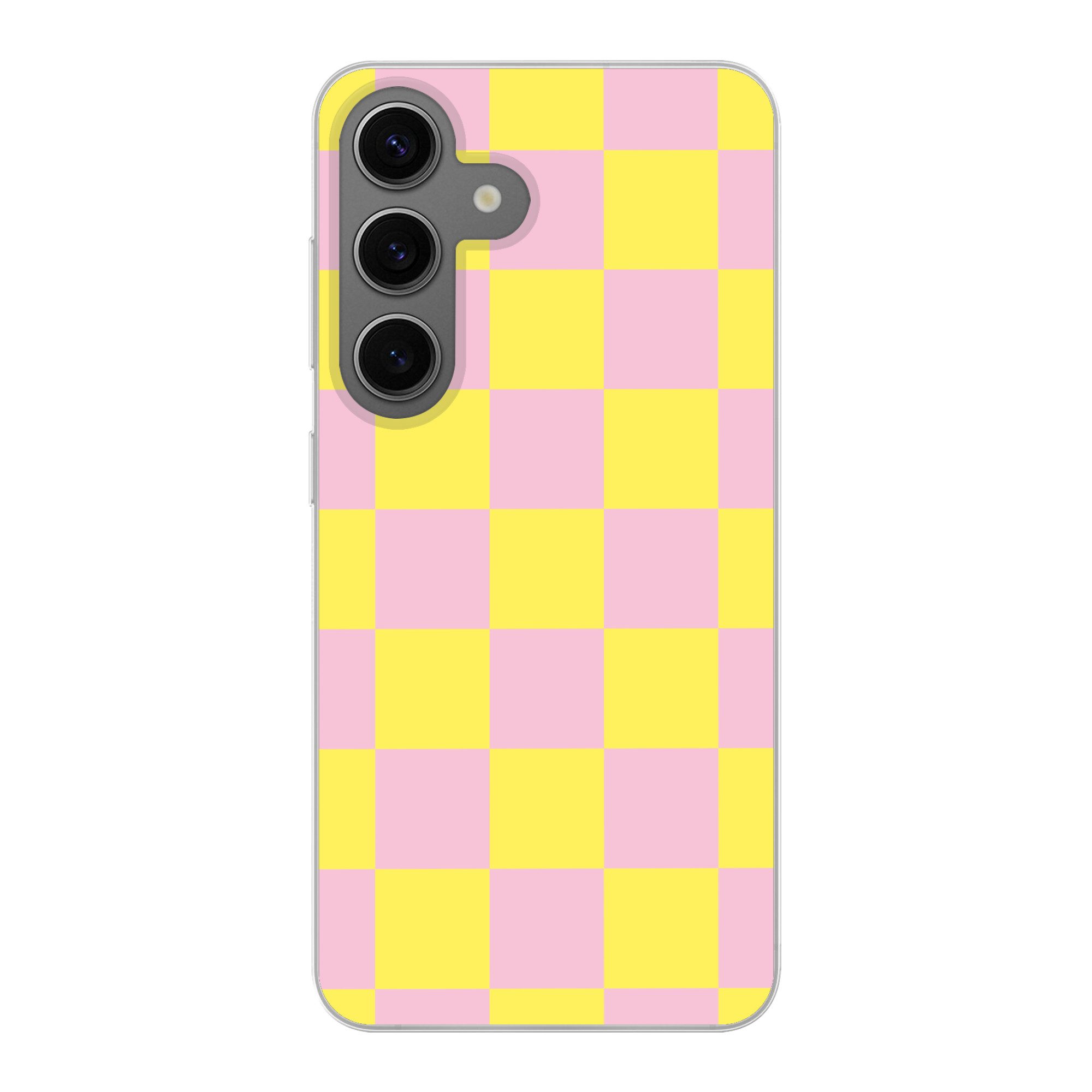 MuchoWow Handyhülle für Samsung Galaxy S24 Schachbrettmuster - Gelb - Rosa - Würfel, Phone Case, Silikon, Schutzhülle Dünn