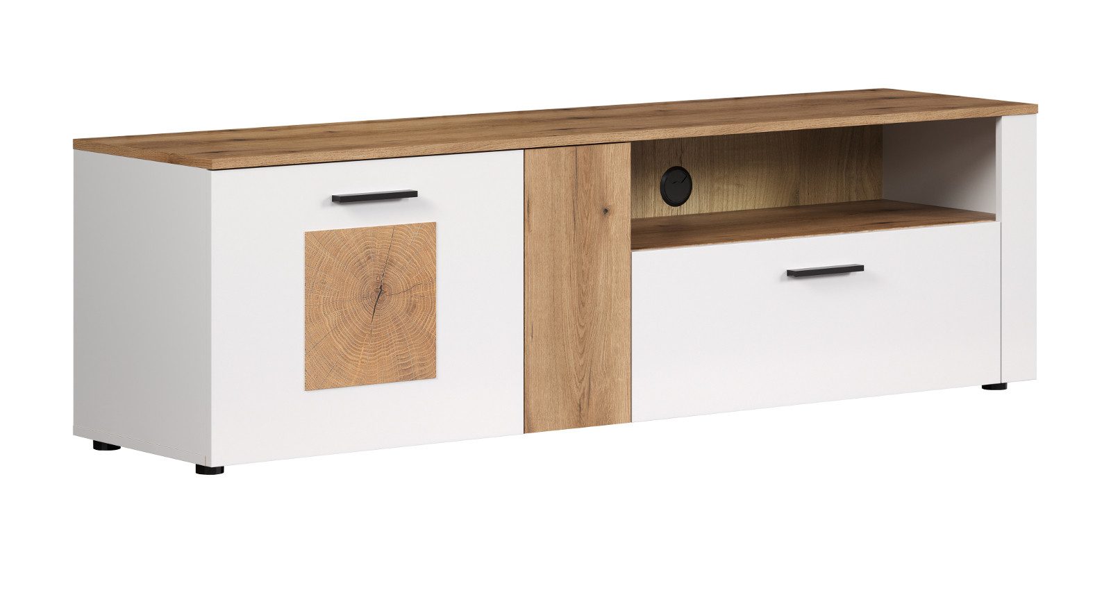 Inn.Furn Lowboard Vianna (Flat-TV Unterschrank in matt weiß mit Eiche, 170 x 50 cm), mit Hirnholz