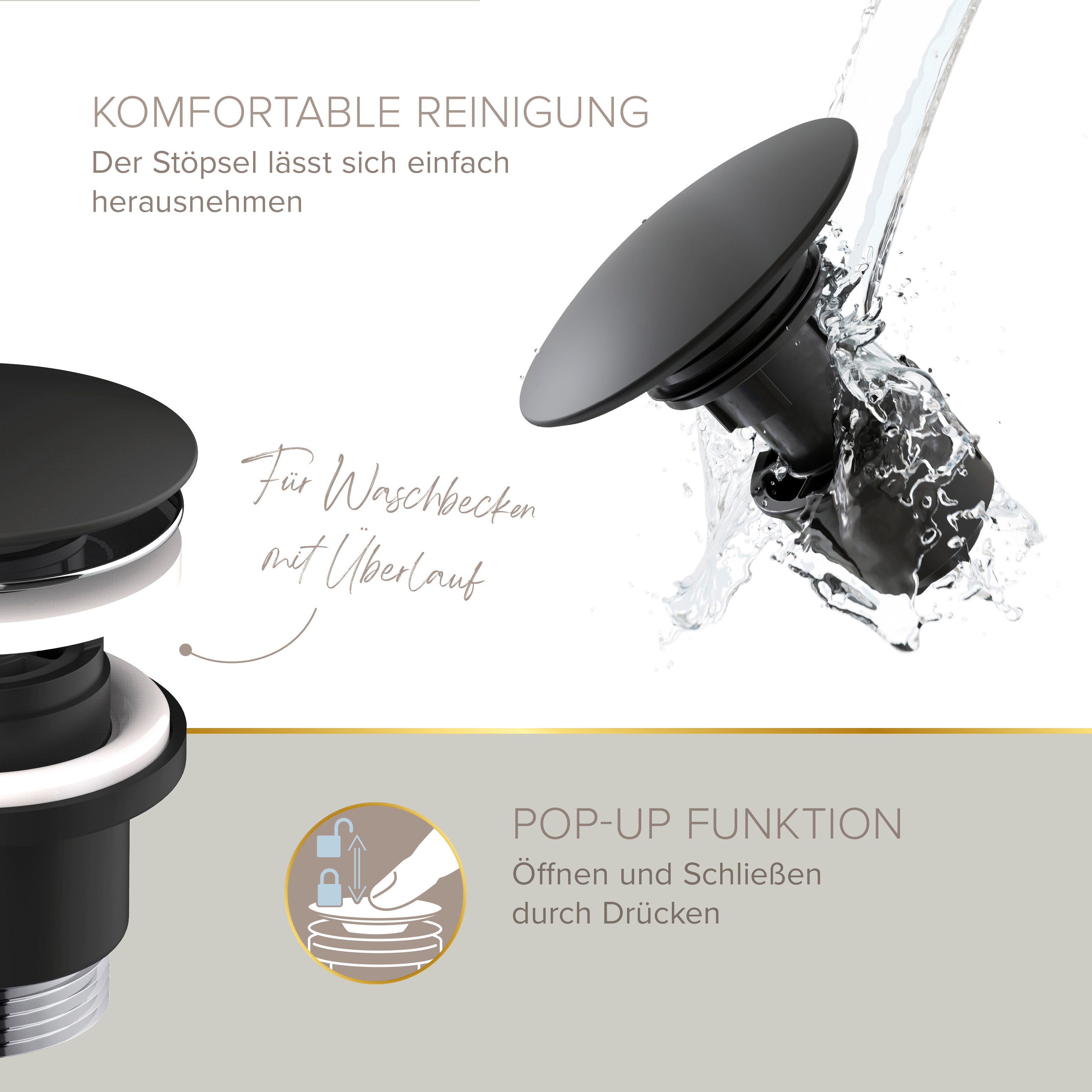 Lenz Waschtischarmatur MOANA Badarmatur mit Pop-Up-Ventil (Armatur mit Pop-Up-Ventil) Anti-Fingerabdruck Oberfläche, Easy Clean Pop-Up Ventil – Bild 4 von 5