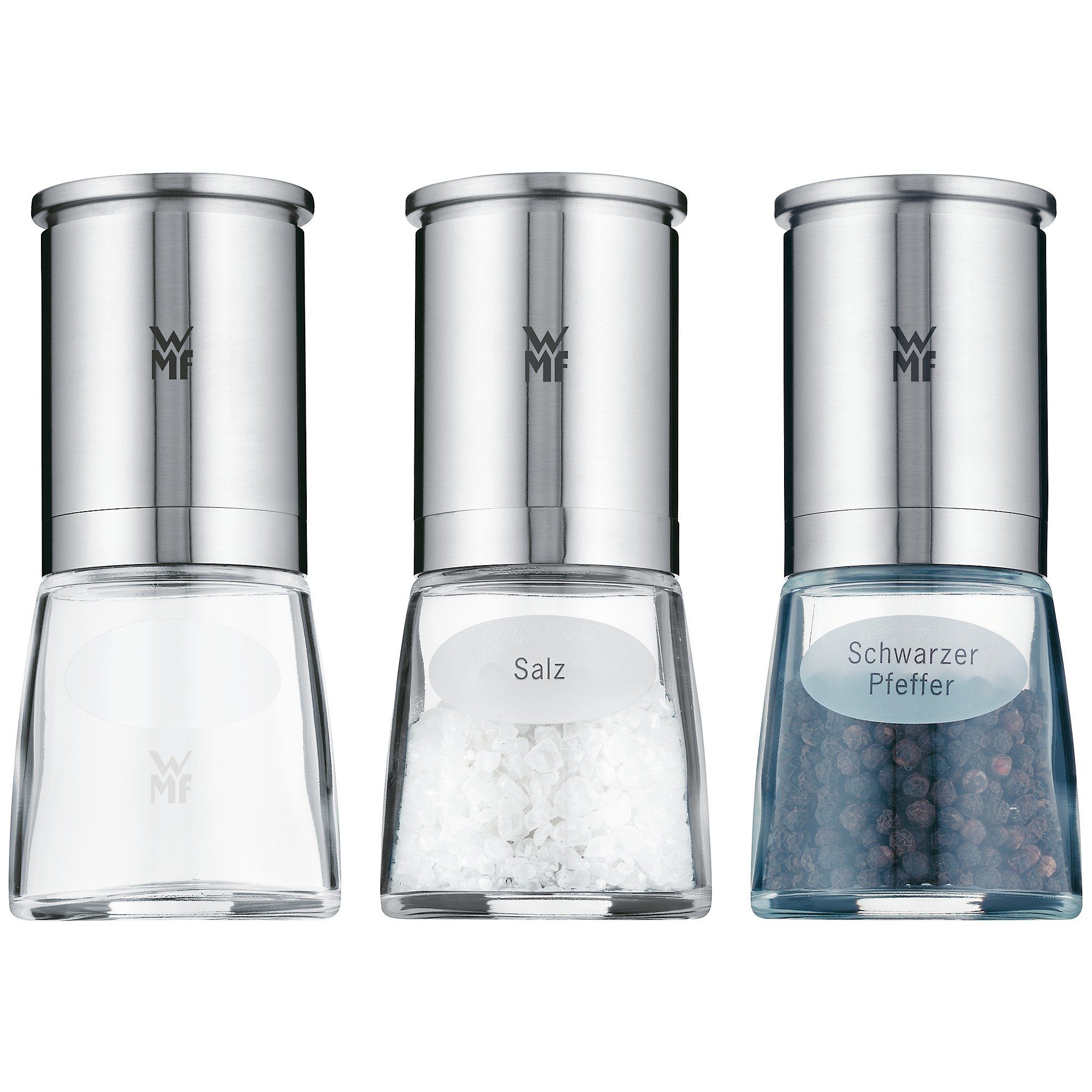 WMF Salz- / Pfefferstreuer De Luxe, (3-tlg), Glas, Keramikmahlwerk, Grinder für Salz, Pfeffer, Chillischoten