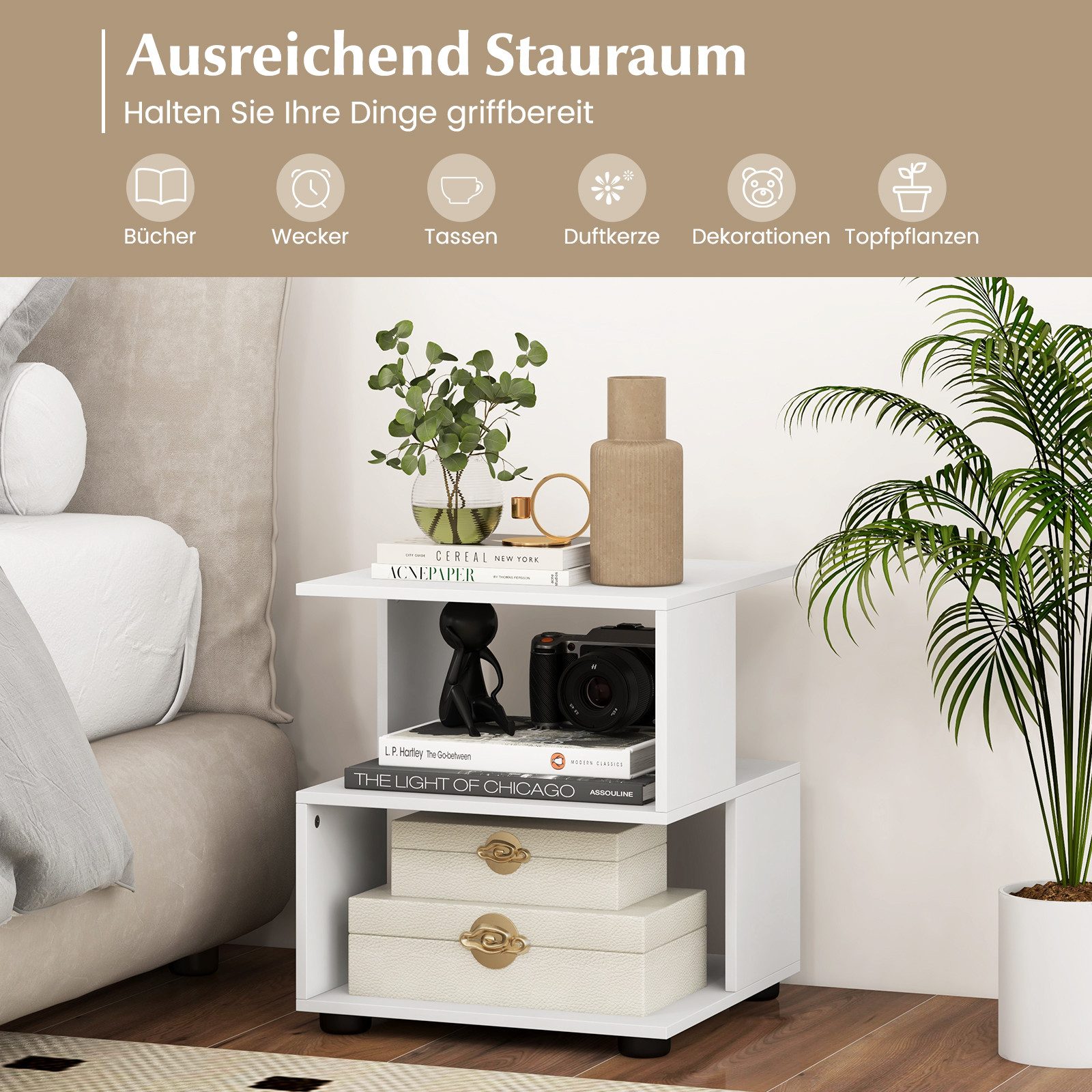 COSTWAY Nachttisch, 3-stufiger Beistelltisch, mit Ablageflächen, Holz, weiß