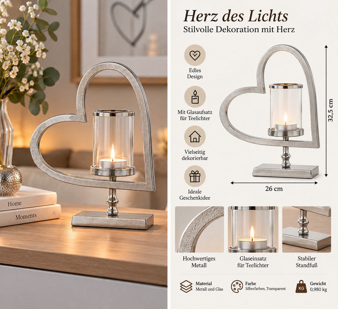 MF Teelichthalter Eleganter Teelichthalter Herz des Lichts Metall & Glas – Bild 3 von 3