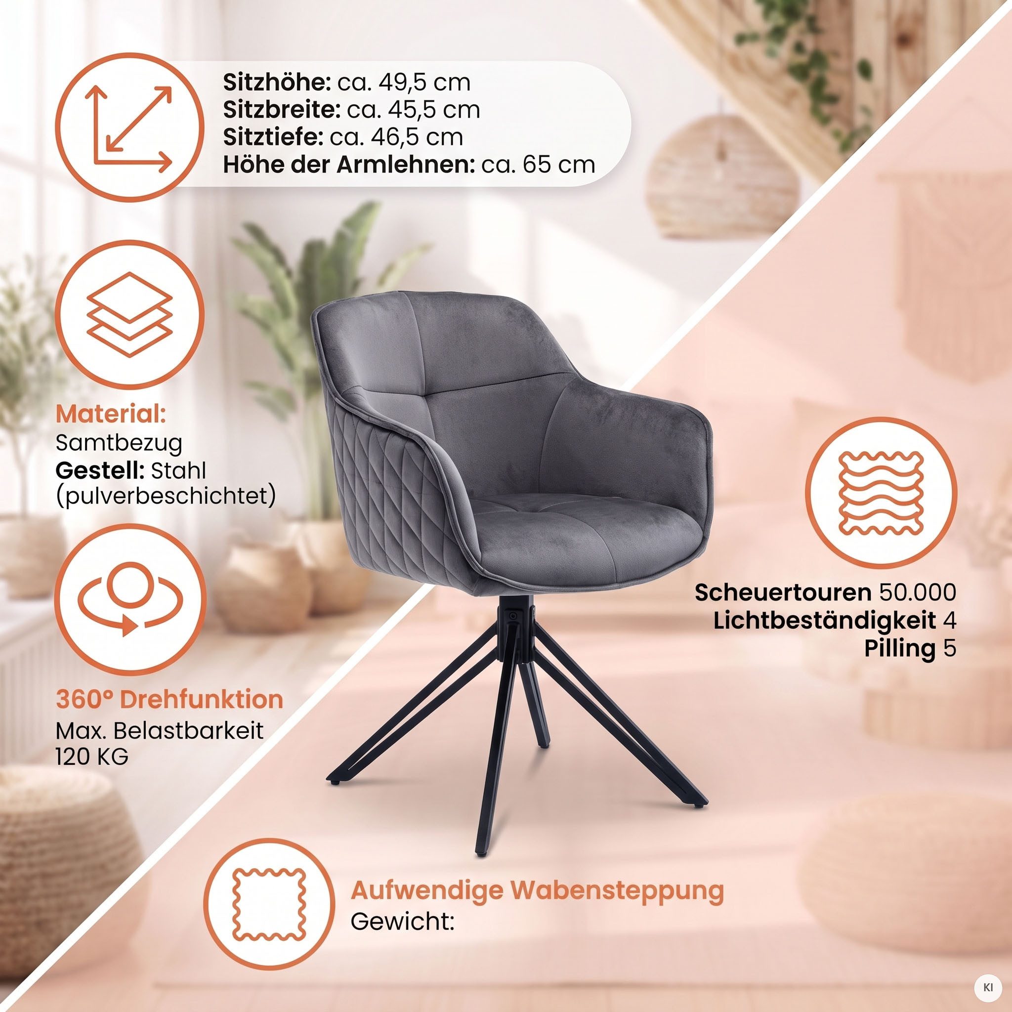 SalesFever Armlehnstuhl Stilvoller Esszimmerstuhl, mit 360° Drehfunktion – Bild 4 von 5