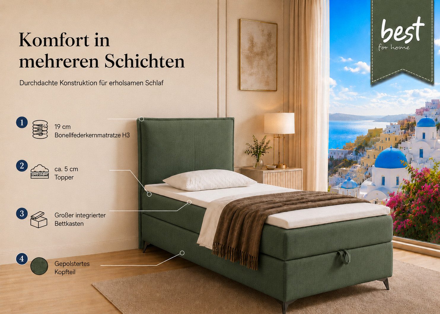 Best for Home Boxspringbett K16 Single SLIM mit Bettkasten & Bonellfederkernmatratze, Topper H3 (Einzelbett, Polsterbett, Juniorbett, Hotelbett, versch. Größen, 1-St., 70x200 80x200 90x200 100x200 cm), mit oder ohne Topper, Flexible Liefermöglichkeiten, Handwerksqualität