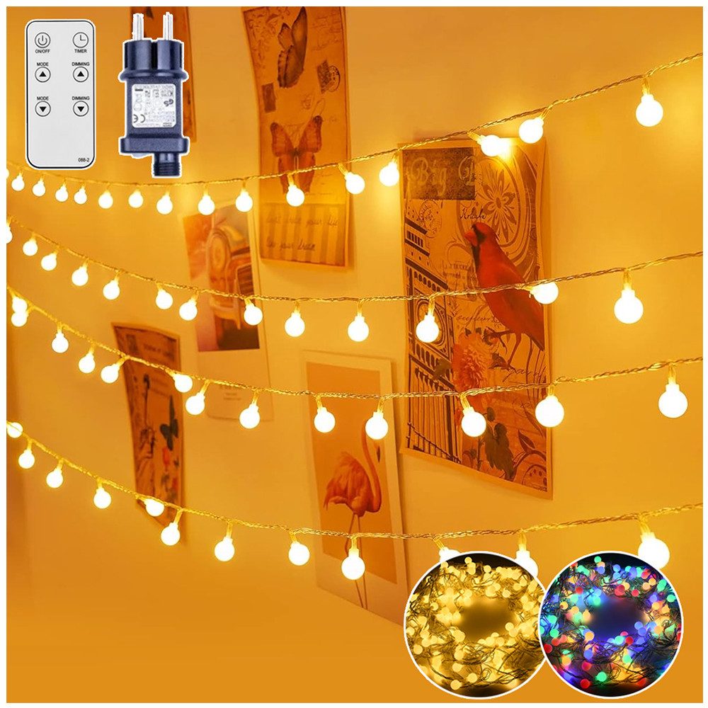XERSEK LED-Lichterkette mit Fernbedienung Kugel Weihnachts Beleuchtung IP44 Warmweiß Bunt, 150-flammig, LED Lichter 9 Modi Garten Außen Innen Dekor Winterdeko Dekolicht