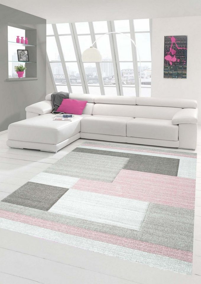 Teppich Designer Teppich Moderner Teppich Wohnzimmer Teppich Kurzflor  Teppich mit Konturenschnitt Karo Muster Pastellfarben Rosa Creme Beige,  Teppich-Traum, rechteckig, Höhe: 1,3 mm