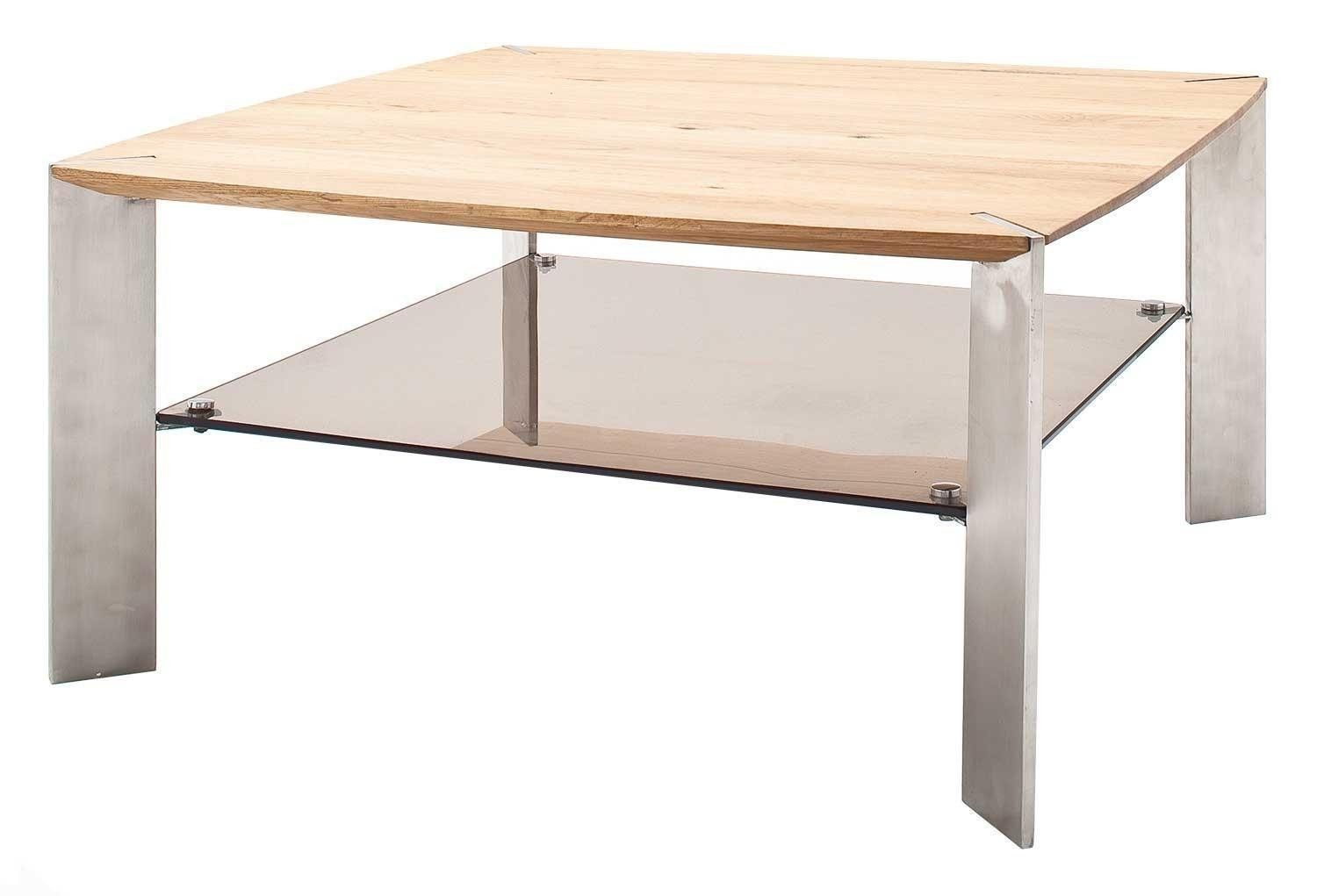 Couchtisch NELIA, Braun, Bronzefarben, Edelstahlfarben, Asteichenholz massiv, Metallgestell, Glasplatte, B 80 x H 41 x T 80 cm