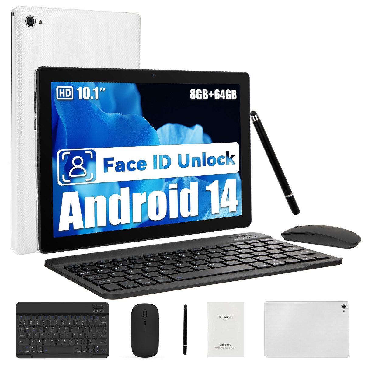 Happybe 10,1 Zoll 64GB, Android 14, HD 1280x800, mit Tastatur, Maus und Stylus Tablet (10", 64 GB, Android, WiFi6, Android 14, 8GB RAM, Widevine L1, Komplettset mit Tastatur/Stift/Maus)
