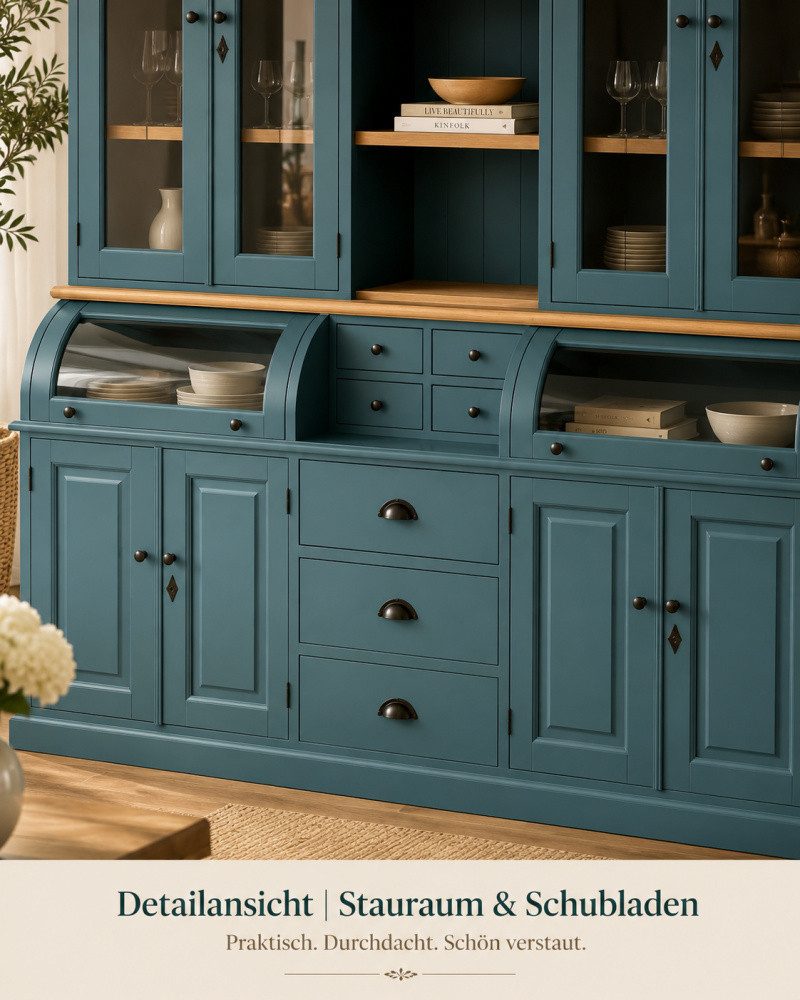 Wohnpalast Buffet Landhaus Buffet Schrank Berlin 200 cm Wasserblau mit Eiche- Landhaus M
