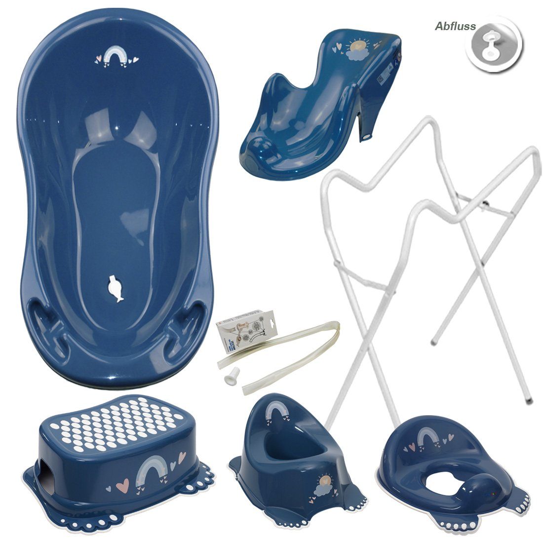 Tega-Baby Babybadewanne 6 Teile SET AB- METEO Blau + Ständer Weiß -Abflussset Babybadeset, (Made in Europe Premium.set), Wanne + Sitz + Töpfchen + WC Aufsatz + Hocker + Ablauf Set+ Ständer