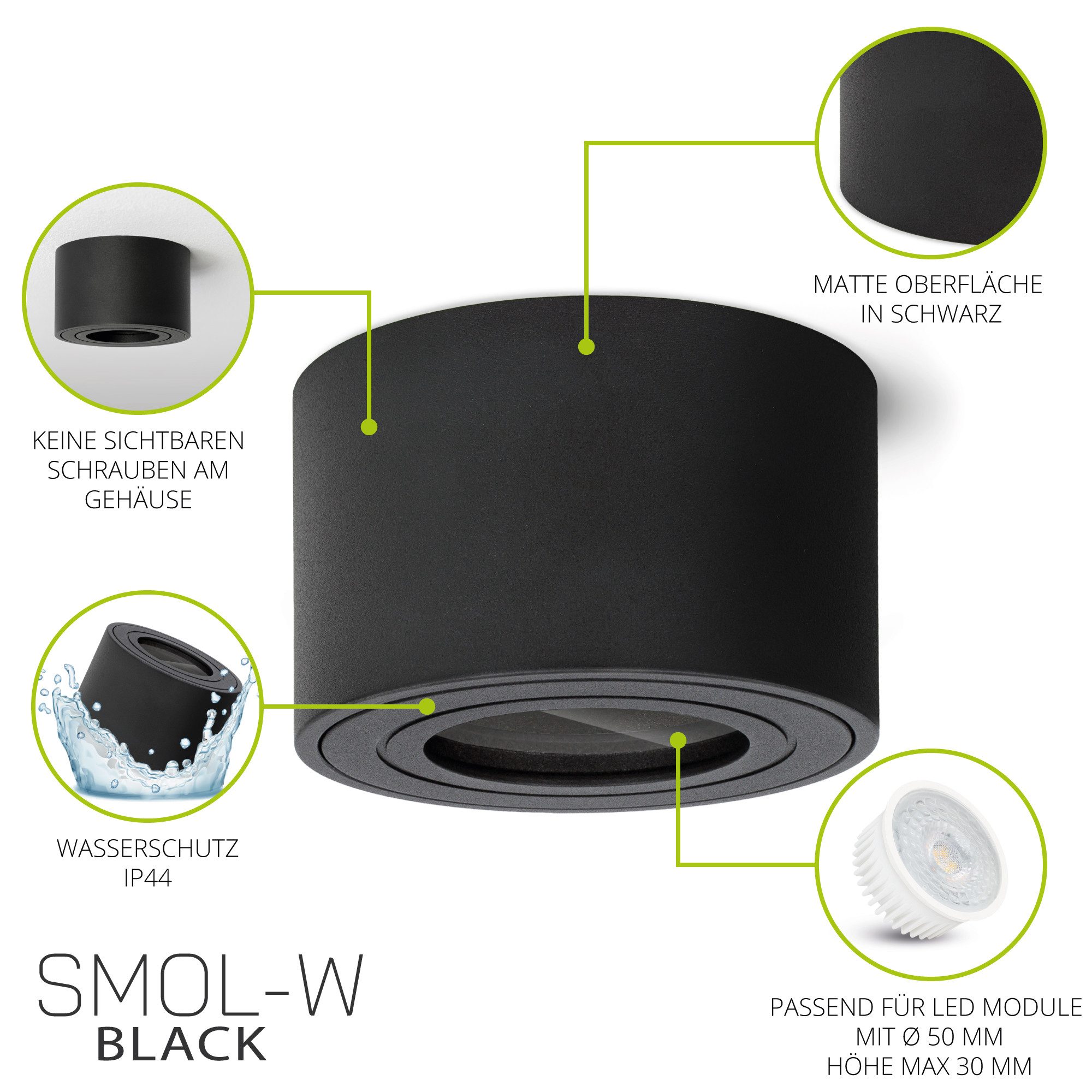 linovum LED Außen-Deckenleuchte Aufbauleuchte SMOL-W schwarz für LED Modul IP44 Deckenlampe Spot – Bild 5 von 5