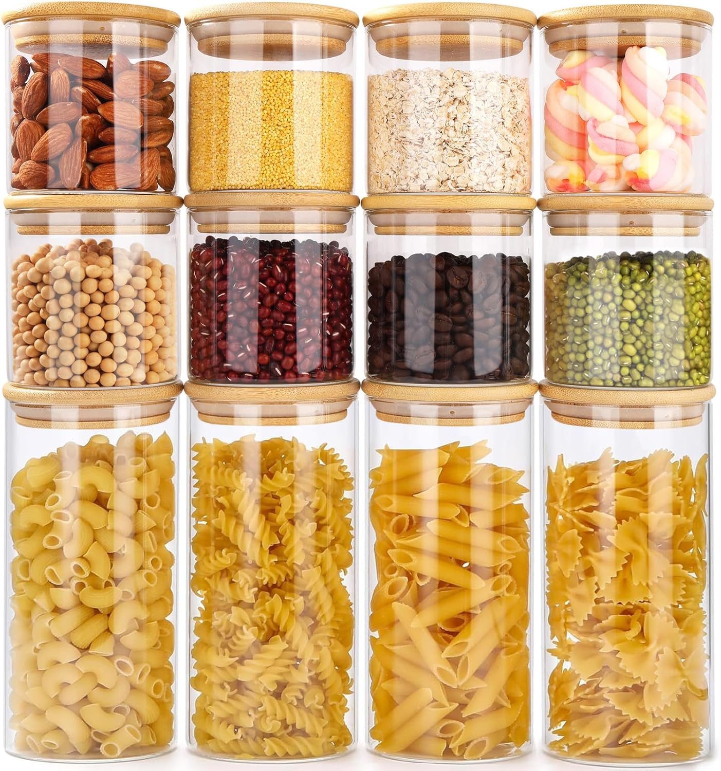 Simloveve Vorratsglas Vorratsgläser mit Deckel, 12er Set Vorratsdosen Glas, (12-tlg), mit Bambusdeckel, für Kaffeebohnen, Nüsse, Nudeln & Pasta