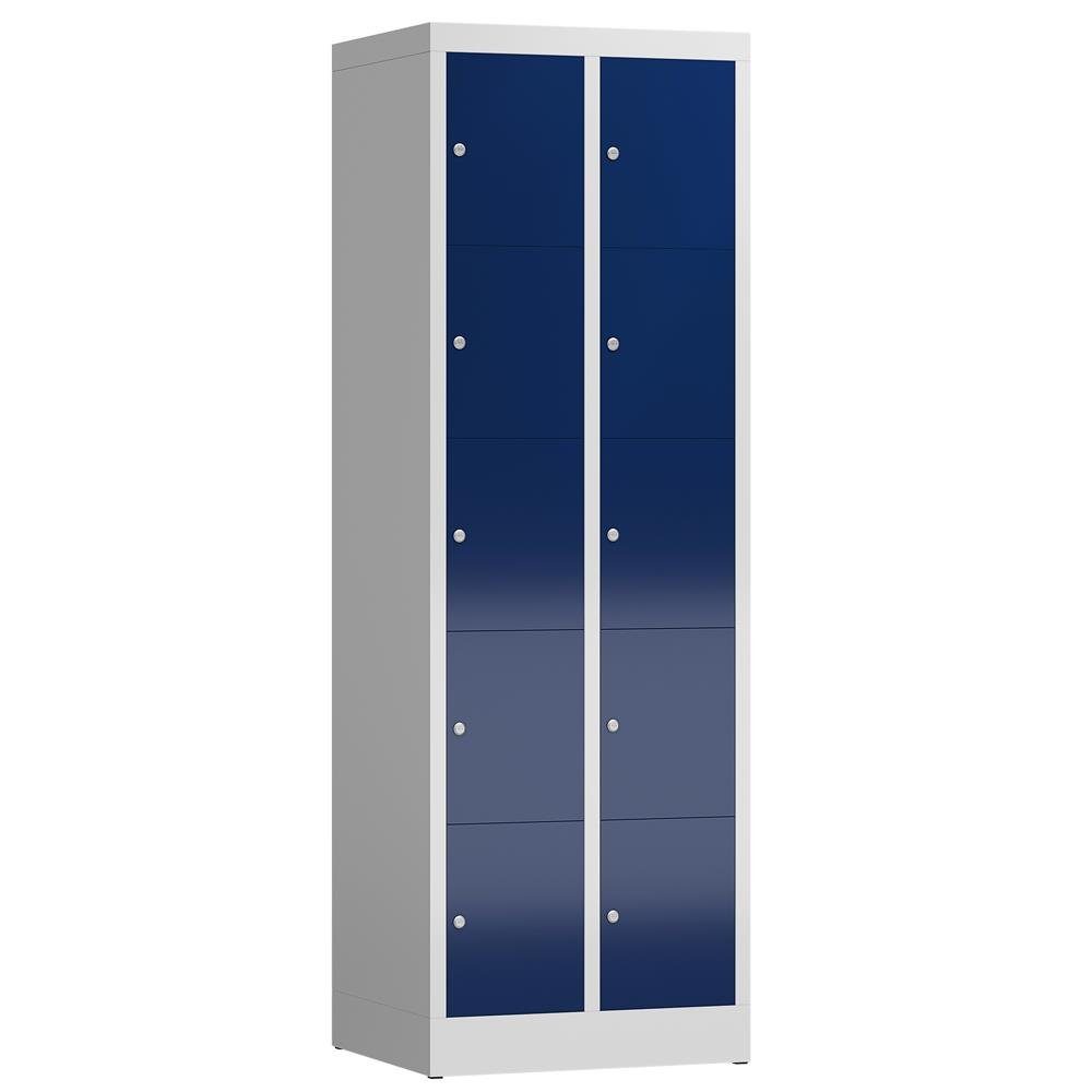 Steelboxx Fächerschrank ClassiX Schließfachschrank, 2 Abteile à 5 Fächer, 1800 x 590 x 500 mm (1-St) Komplett verschweißt und montiert - keine Montage erforderlich Korpus: RAL 7035 Lichtgrau/ Türen: RAL 5010 Enzianblau | Lichtgrau