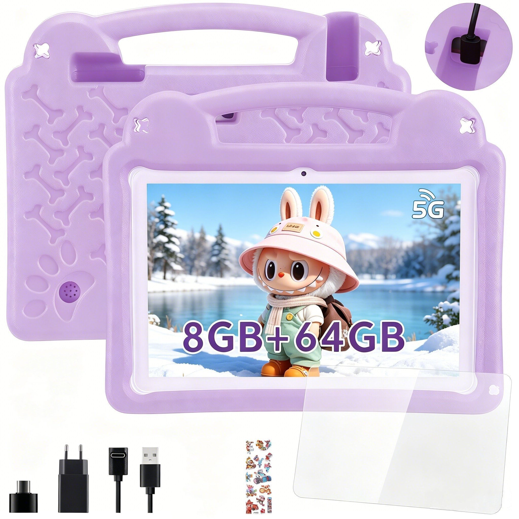 oyajia Kinder Tablet mit Hülle, Android 15 Octa Core 64GB Expand 1TB HD IPS Tablet (10.1", 64 GB, Quad Core, 2.4G+5G, WiFi, WiFi 6 BT 5.0, Google Kids Space, Gemini AI, mit Stylus Tasche Sticker)