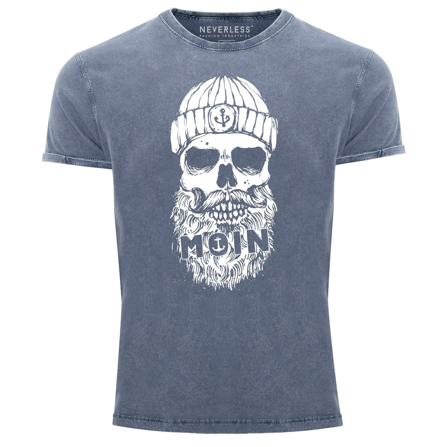 Neverless Print-Shirt Herren Vintage Shirt Moin Totenkopf Anker Skull Printshirt T-Shirt Aufdruck Used Look Slim Fit Neverless® mit Print blau