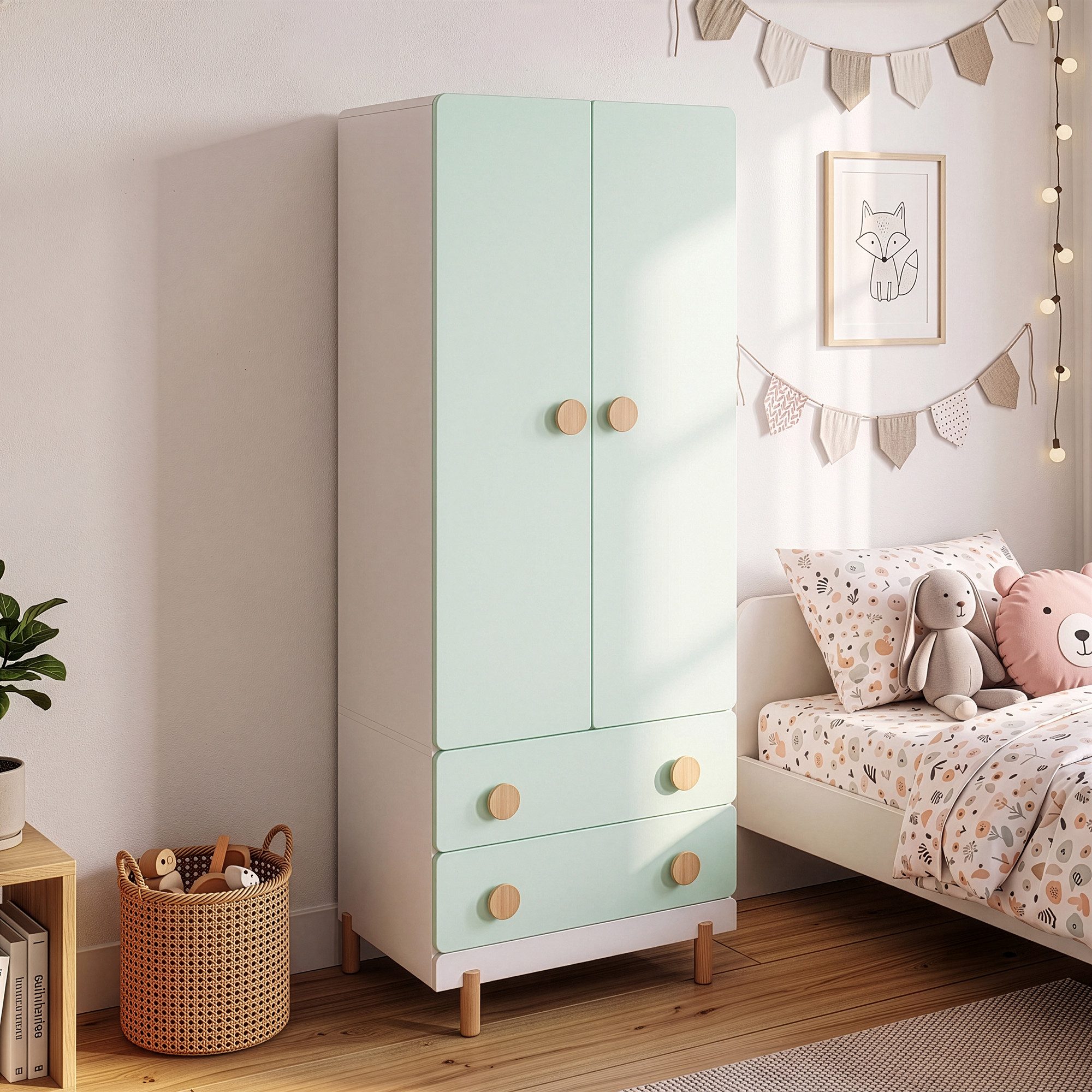 en.casa Kinderkleiderschrank »Vaarentaa« mit 2 Schubladen 156x60x41 cm Weiß/Mintgrün