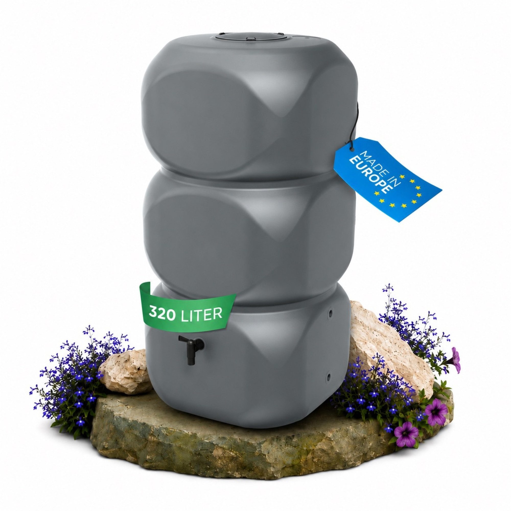 YourCasa Regentonne 320 Liter [Aquablock] Regenfass aus Kunststoff mit Deckel, 58x58x118cm, mit Deckel, 5 Anschlüsse