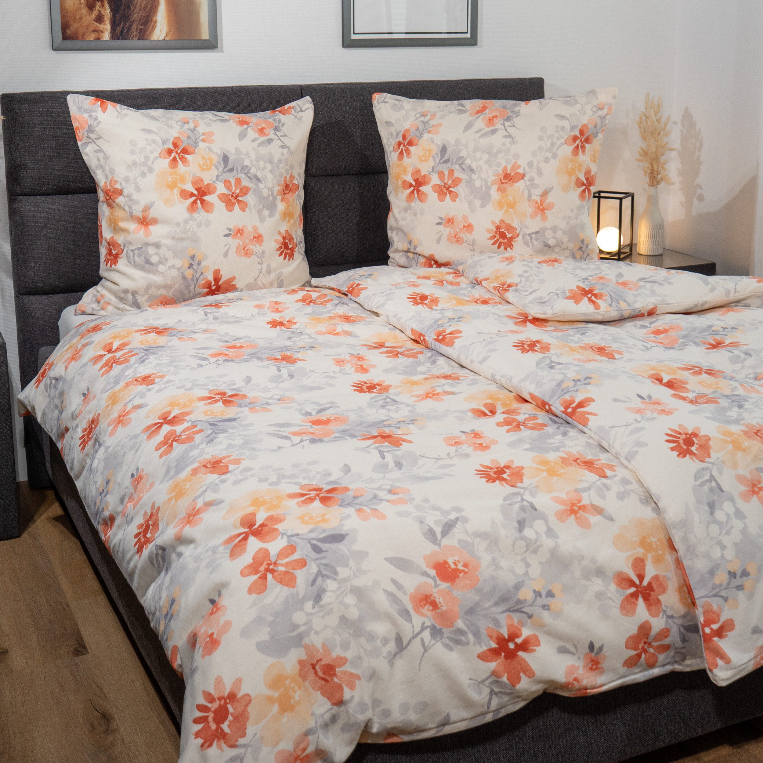 DOBNIG Bettwäsche Flanell, Flanell, 2 teilig, orange Blümchen, weißer Hinte günstig online kaufen