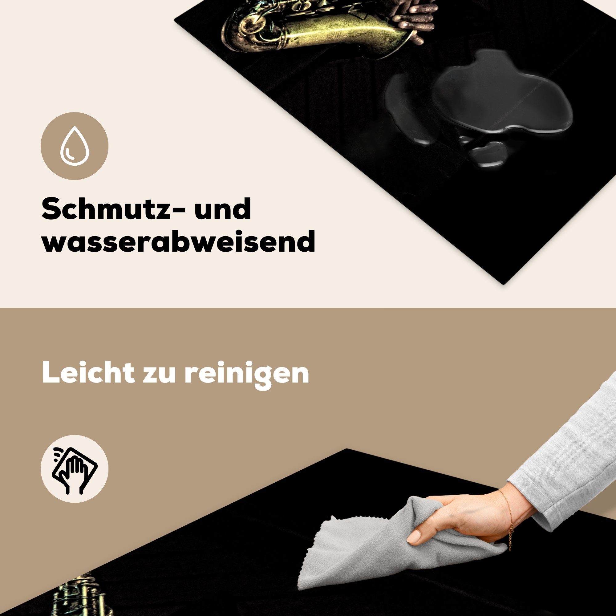 cm, Induktionskochfeld tlg), Saxophonisten, die Hände 81x52 eines für MuchoWow Vinyl, Herdblende-/Abdeckplatte küche, Schutz (1 Ceranfeldabdeckung