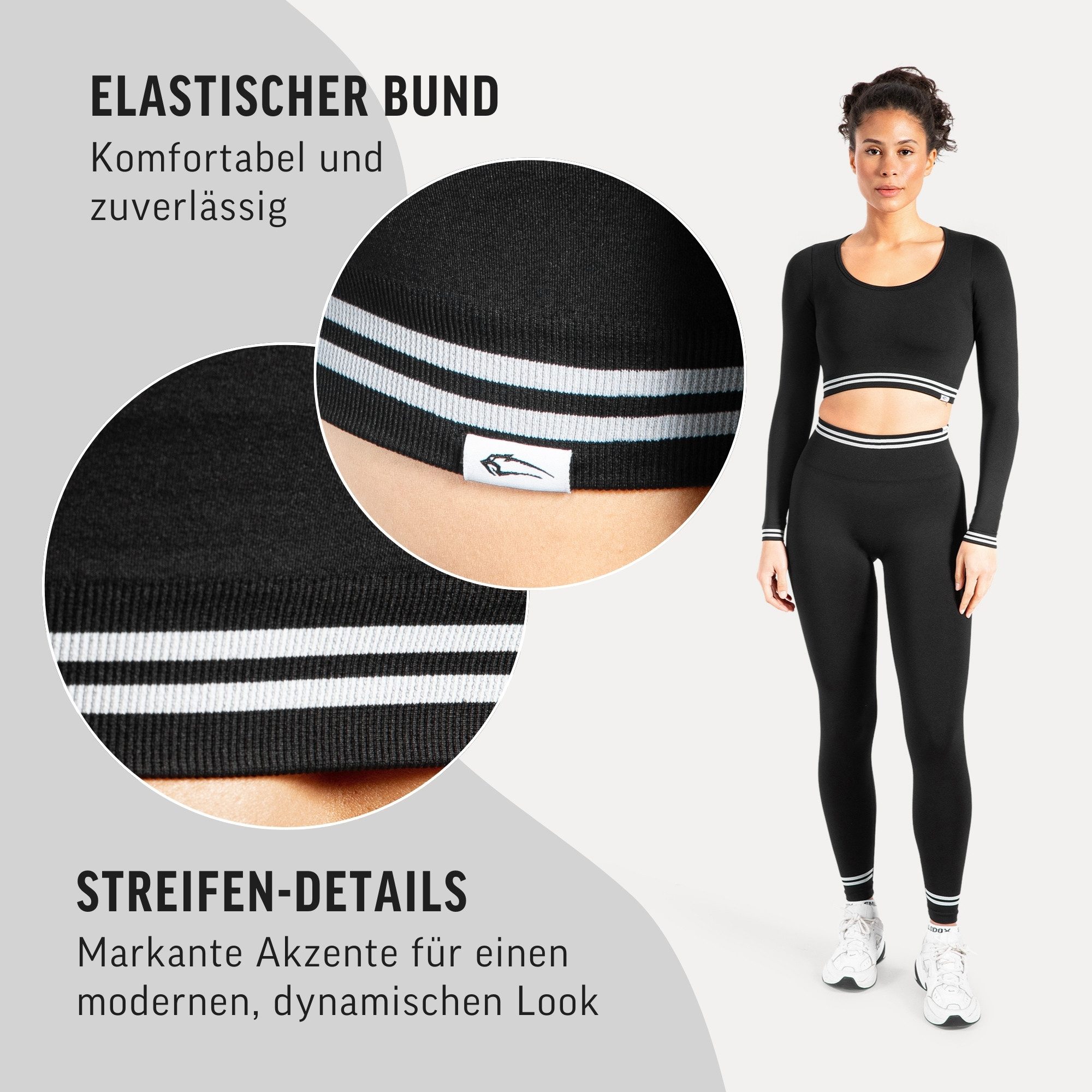 Smilodox Longsleeve Miriel, Oberteil figurbetonendes Crop Shirt Gym & Alltag Figurformend Elastisch Sicherer Halt mit Streifen an Bund und Ärmel