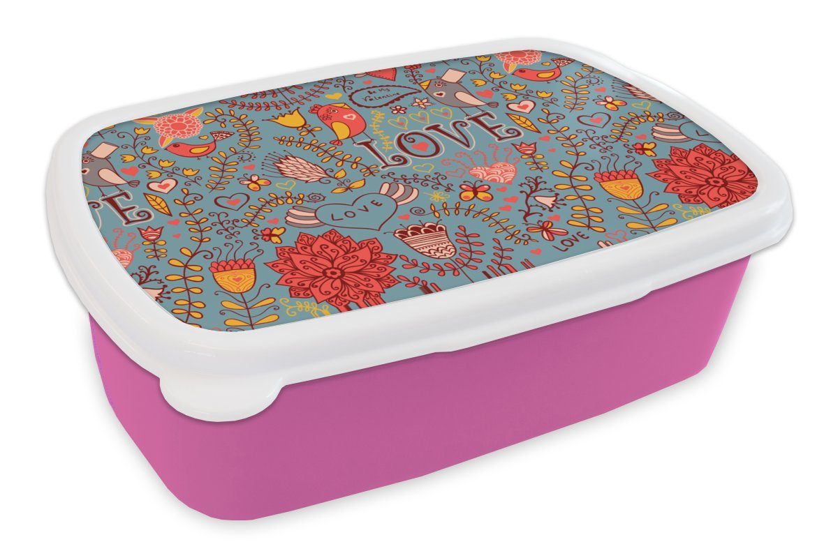 MuchoWow Lunchbox Mädchen - Vogel - Liebe - Muster - Mädchen - Kinder - Kinder, Kunststoff, (2-tlg), Brotbox für Erwachsene, Brotdose Kinder, Snackbox, Mädchen, Kunststoff rosa