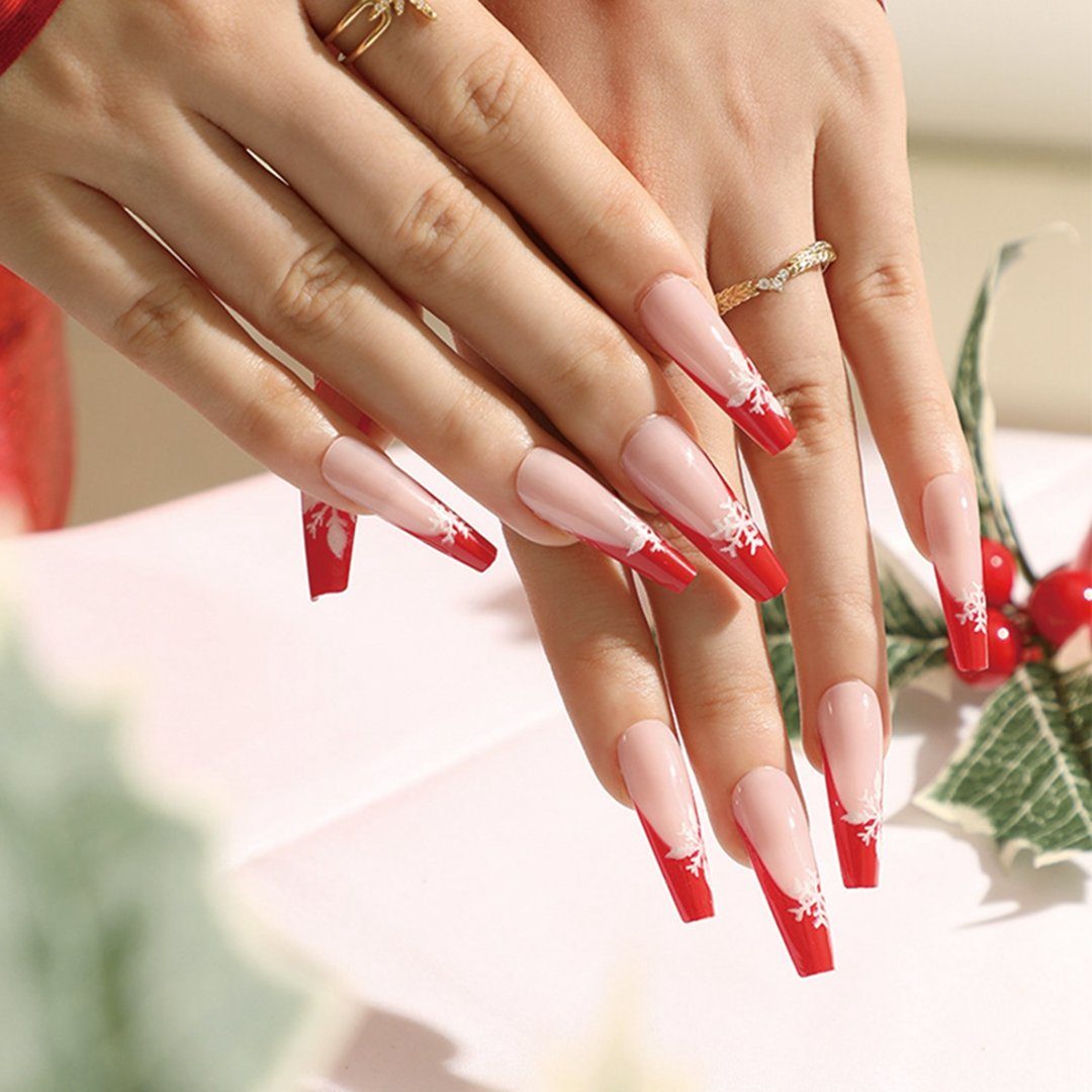 TUABUR Kunstfingernägel Weihnachten Schneeflocken-Muster Rosa Rot Künstliche Nägel, 24 Stück, 1-tlg.