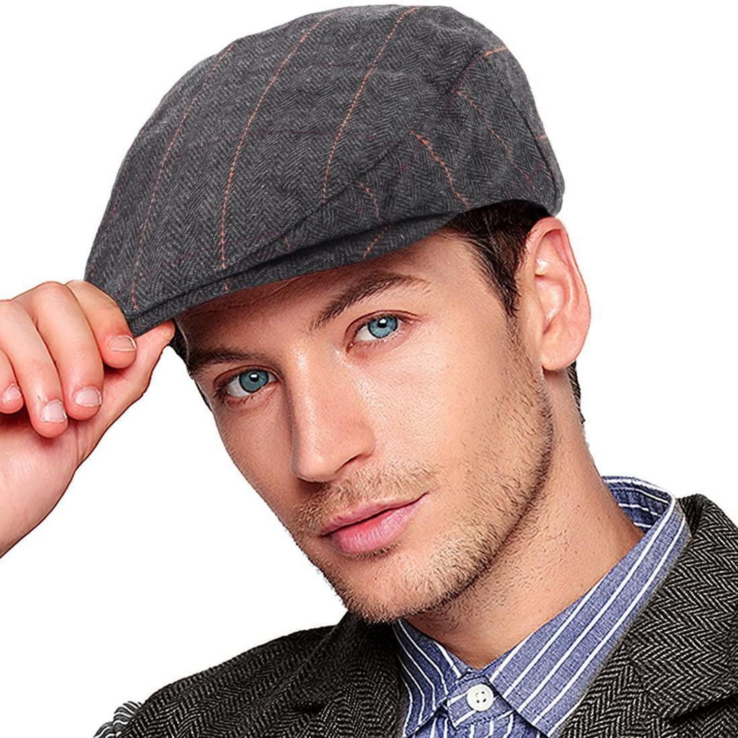 LuxusKollektion Schirmmütze Herren Mütze Fischgrät Tweed Plaid Schwarz (1-St)