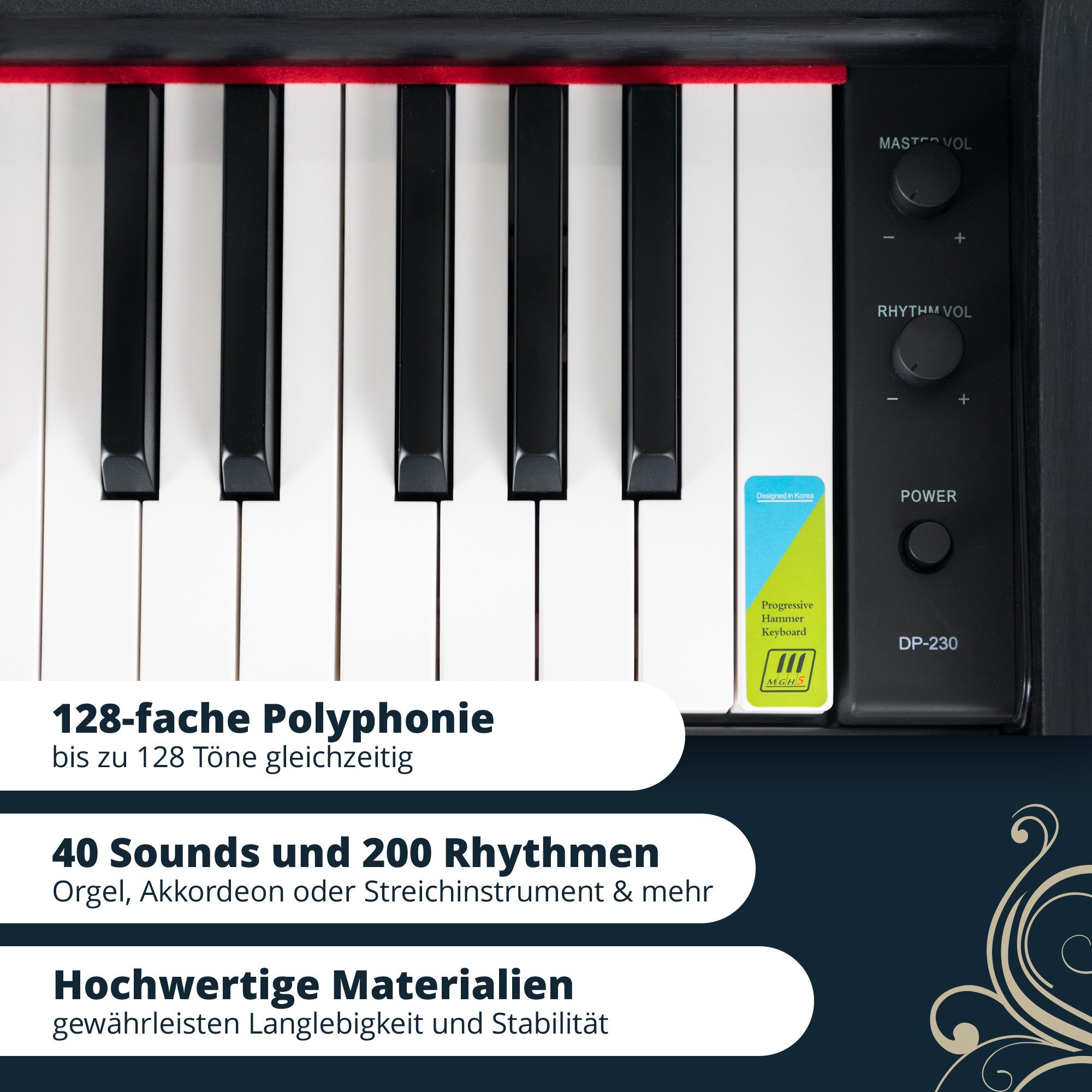 Classic Cantabile Digitalpiano DP-230 E-Piano - 88 Tasten mit Hammermechanik, Klavier mit 40 Voices, 200 Rhythmen, Begleitautomatik