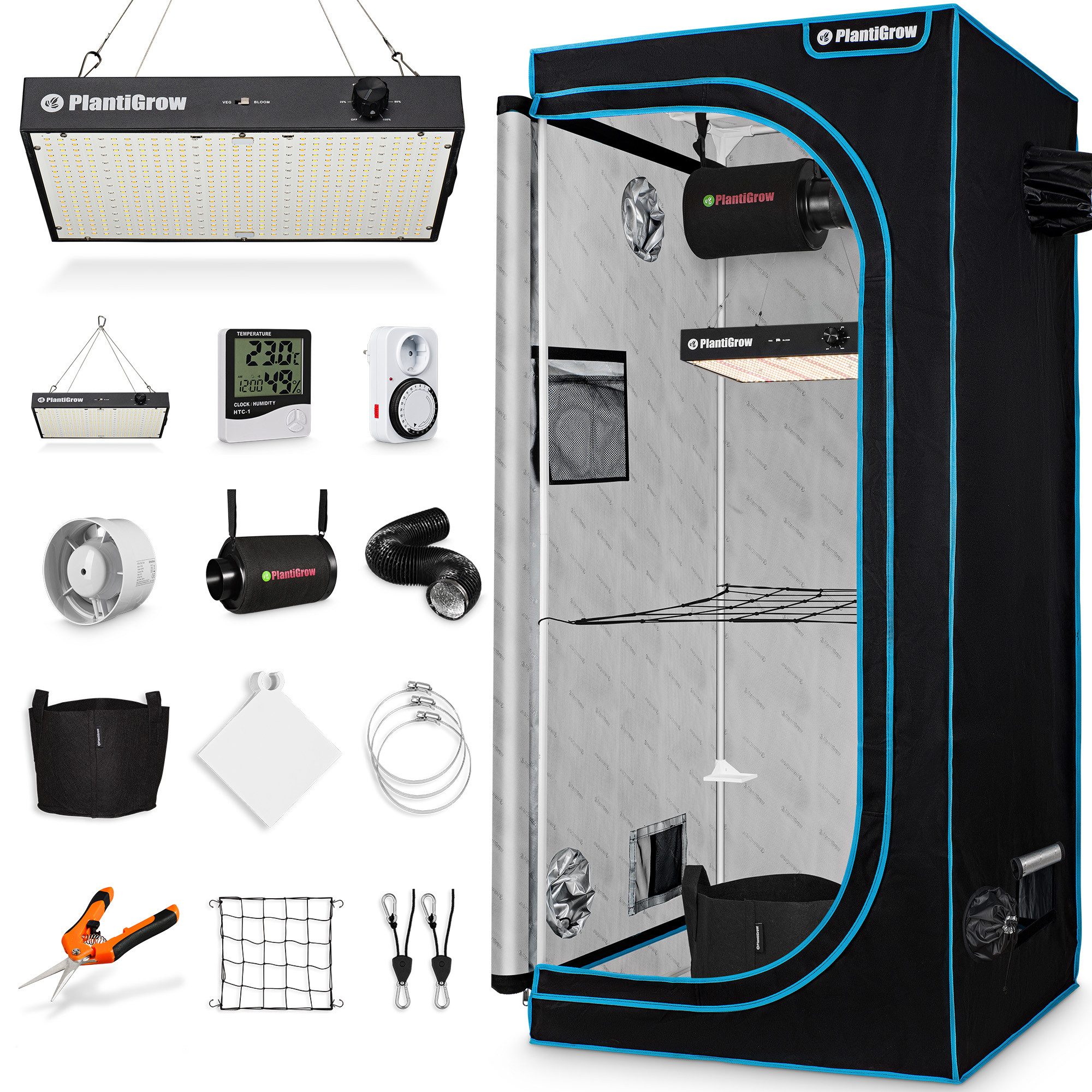 PlantiGrow Gewächshaus PlantiGrow Growbox Komplettset – Indoor Gewächshaus, mit 150W Vollspektrum LED Lampe (Dimmbar), 1680D, Carbon-Filter, Inline-Kanalventilator, Abluftschlauch, Anzuchtzelt, Zuchtzelt schwarz | Rabatt: 42%