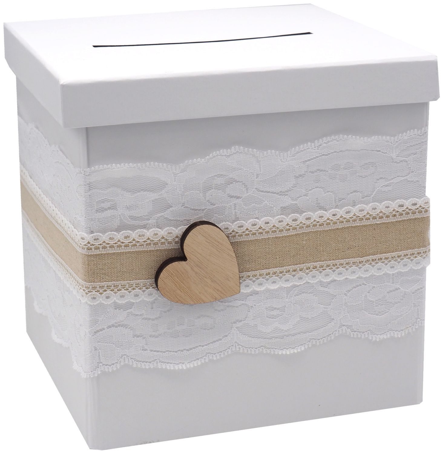 ZauberDeko Geschenkbox Briefbox Kartenbox Vintage Herz Spitze Hochzeit Geldgeschenk Weiß