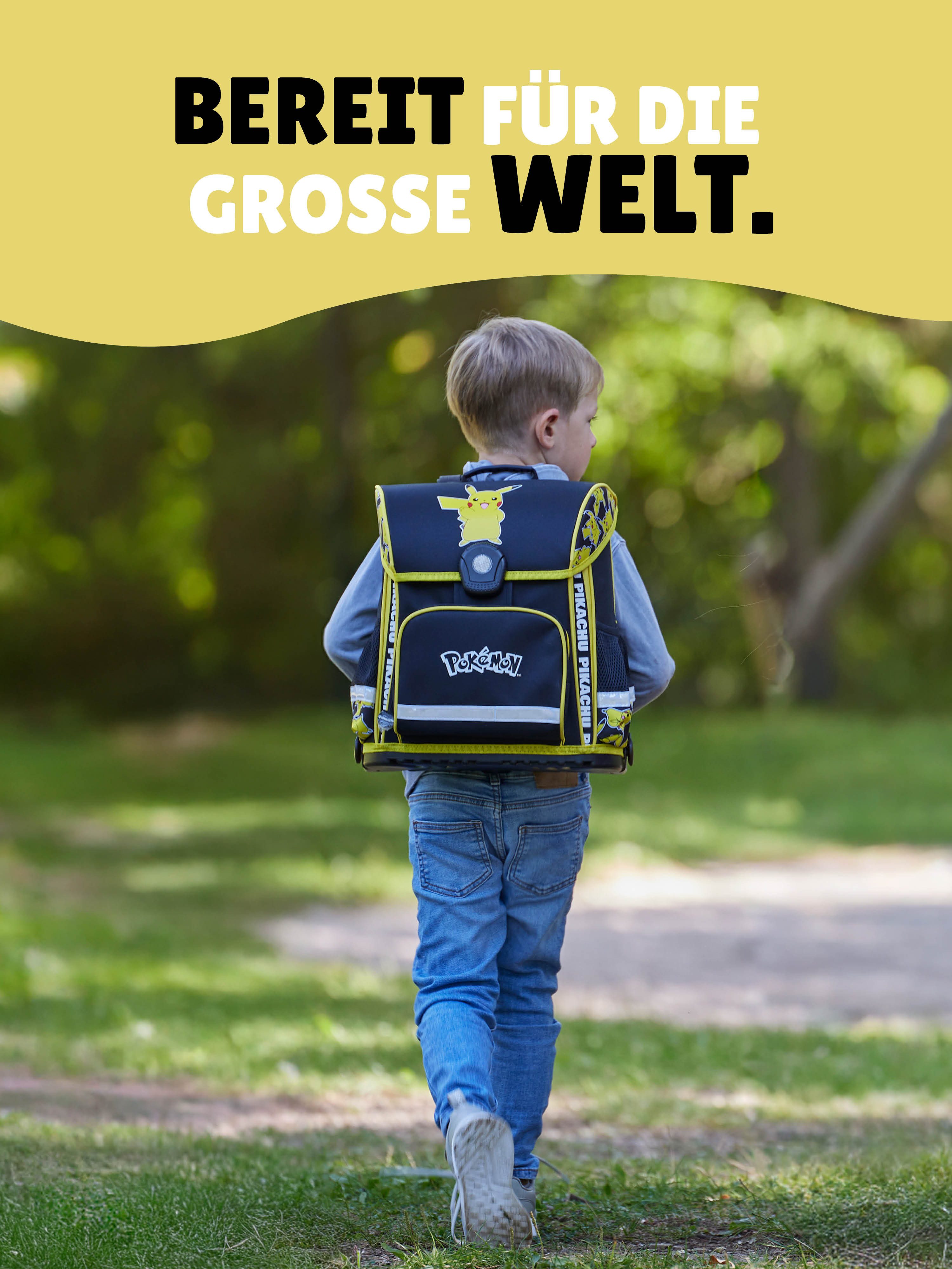 Familando Schulranzen Pokemon Gelb mit Pikachu für 1. bis 4. Klasse, Ergonomisch & Leicht (Set, 6-tlg., Grundset mit großer Sporttasche), mit großer Sporttasche