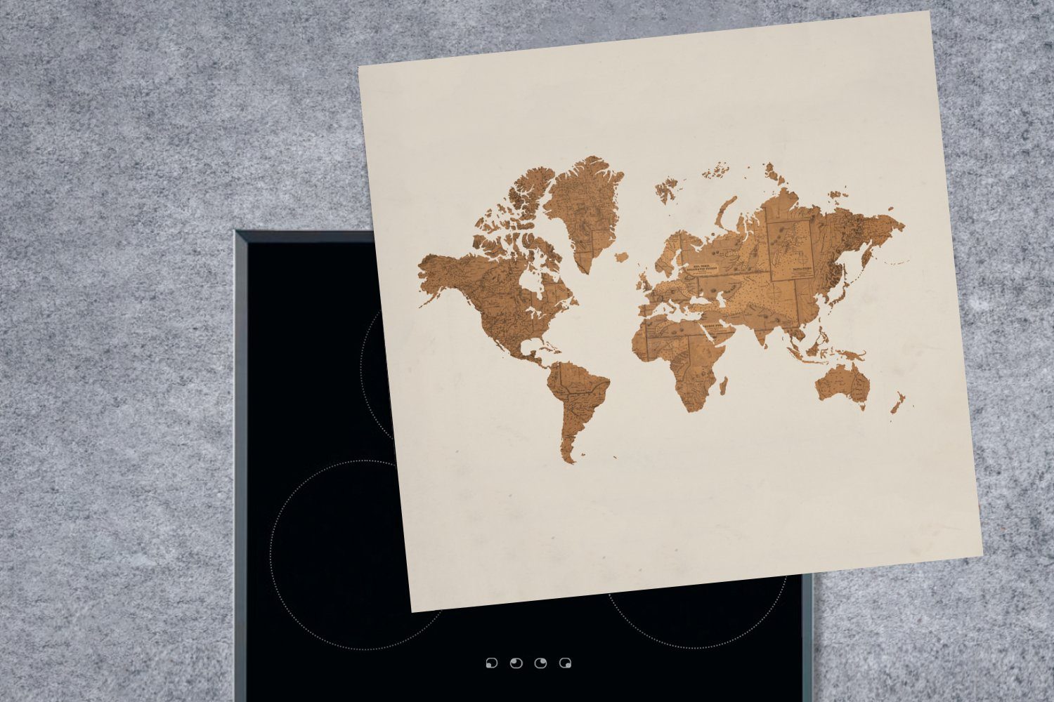 - Weltkarte Vinyl, Ceranfeldabdeckung, Braun, Alt (1 MuchoWow küche Arbeitsplatte Herdblende-/Abdeckplatte cm, tlg), 78x78 - für