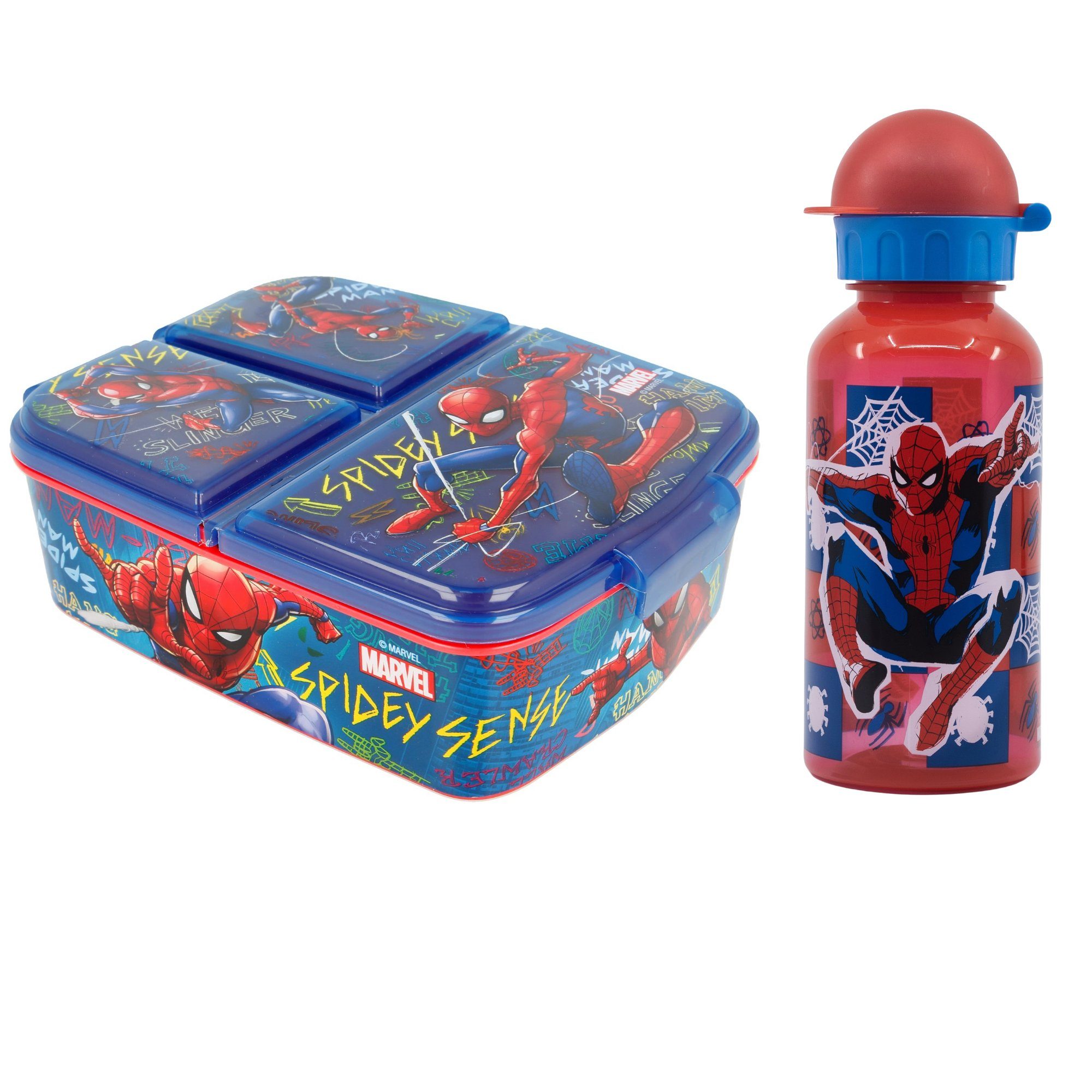 MARVEL Lunchbox Marvel Spiderman 2 tlg Kinder Set 3 Kammern Brotdose Trinkflasche, Kunststoff, (2-tlg), 400 ml