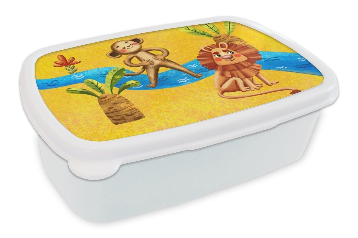 und für Brotdose, MuchoWow (2-tlg), - und Löwe Affe Kinder Lunchbox weiß Mädchen - Wasser, Dschungel für - Brotbox Kunststoff, Jungs Erwachsene,