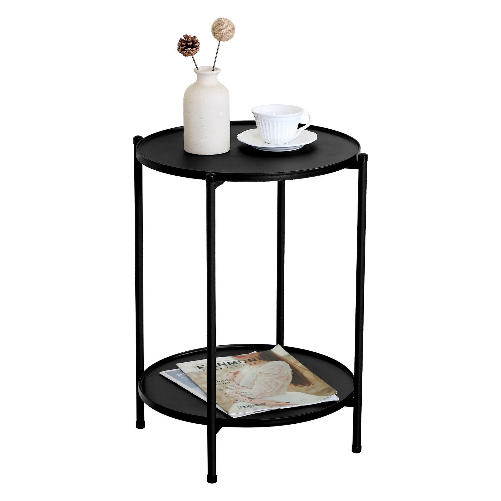 kisidus Beistelltisch Beistelltisch mit 2 Ablagen (rund, Ø 40cm, Couchtisch Nachttisch Sofatisch), für Wohnzimmer Schlafzimmer